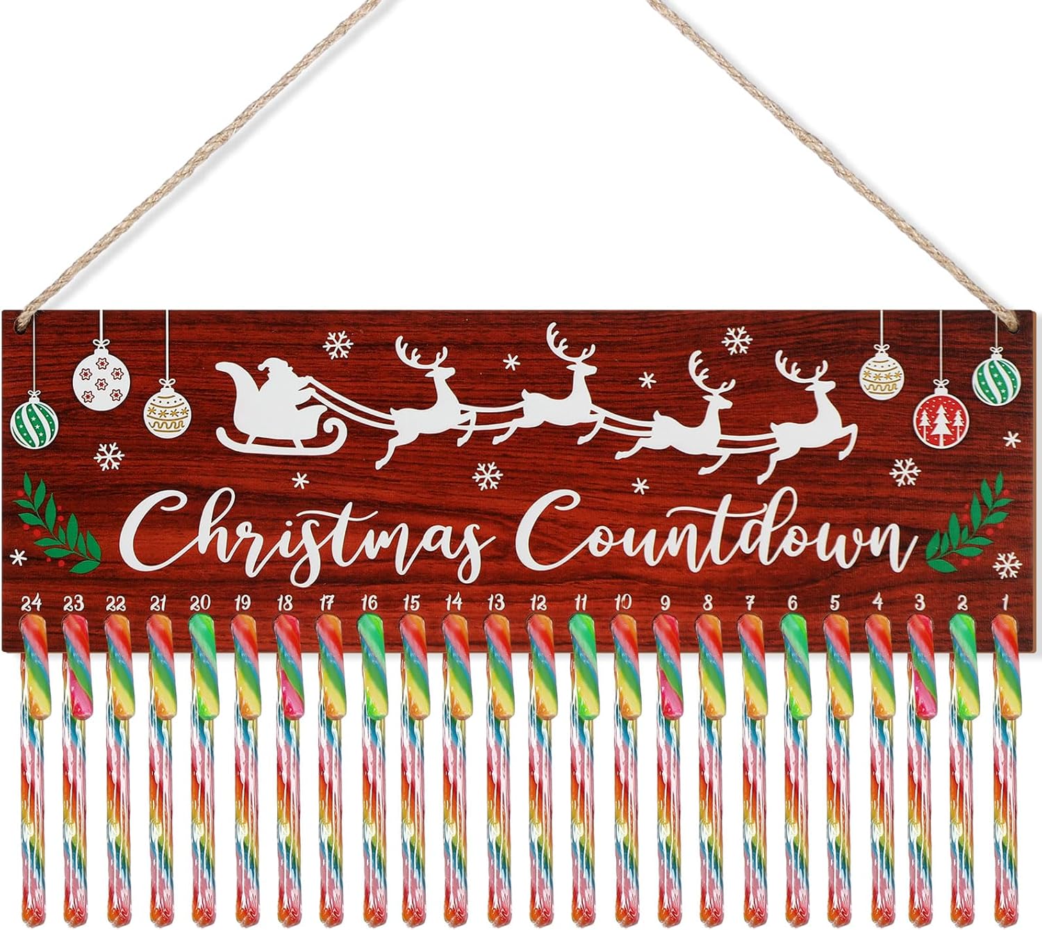Calendario de Adviento de madera con cuenta regresiva de bastones de caramelo, decoración para colgar, 17 x 5.5 pulgadas, calendario de pared de 24