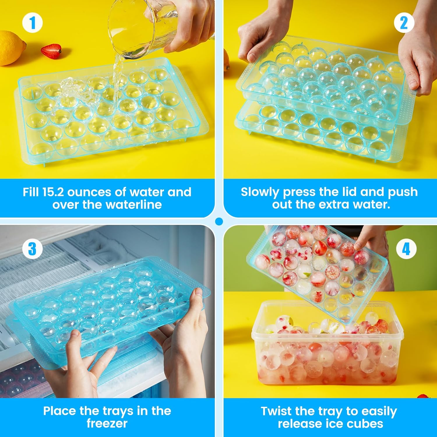 PHINOX – Bandeja de cubitos de hielo con tapa y contenedor, bandejas redondas de hielo para congelador, bandejas de hielo para hacer cubitos de