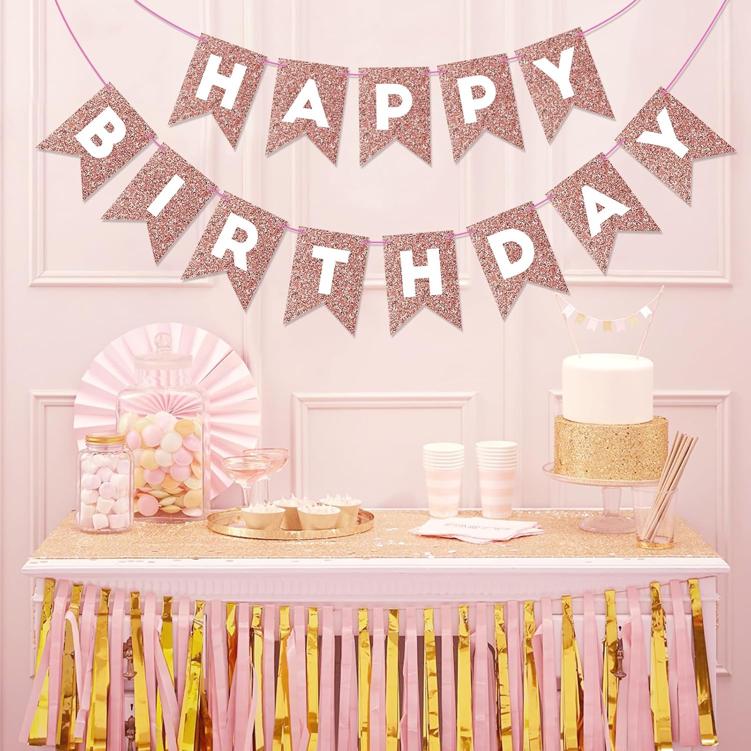 Cartel de feliz cumpleaños de oro rosa con purpurina para telón de fondo, decoraciones de cumpleaños de oro rosa, guirnalda de banderines para