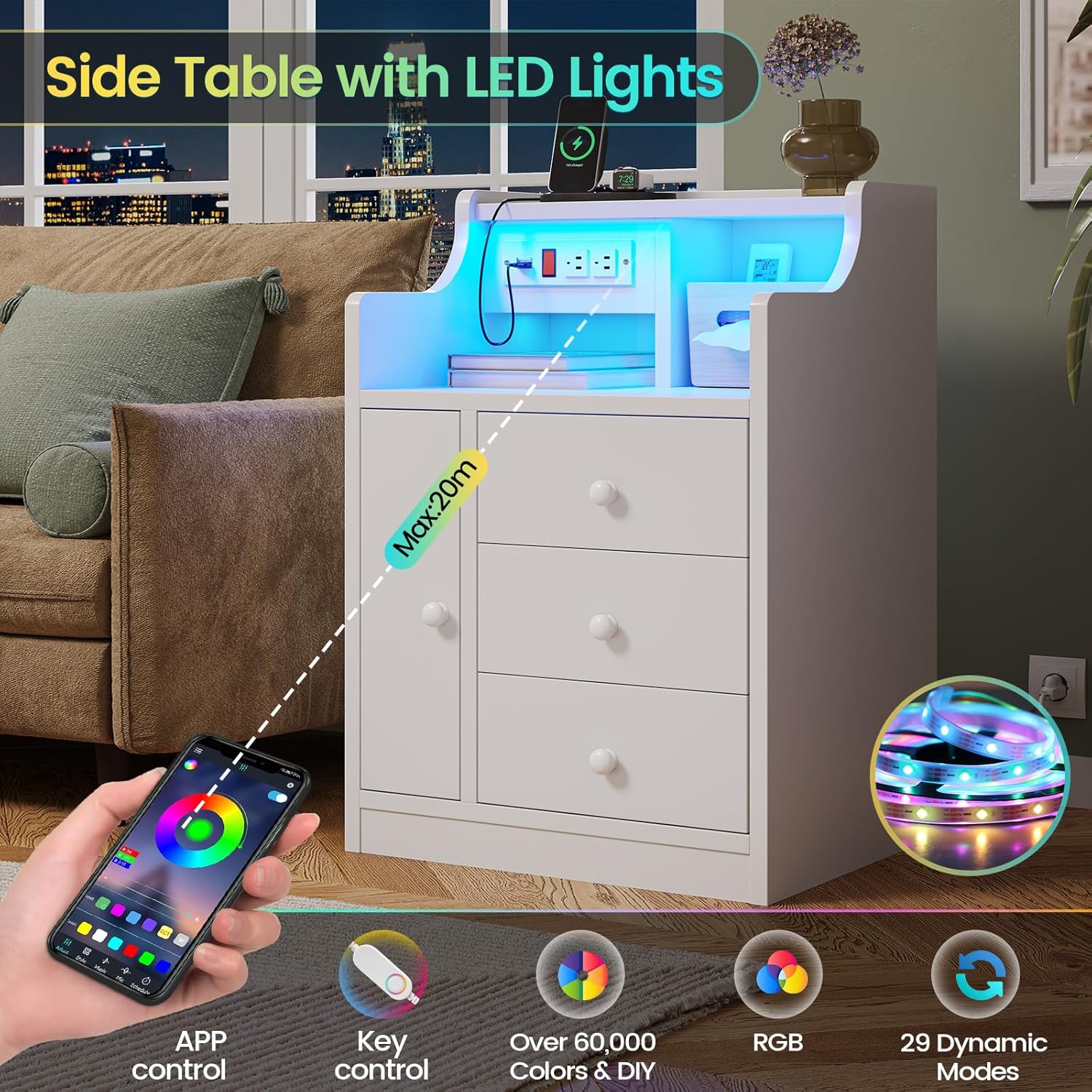 Mesita de noche con estación de carga, mesitas de noche blancas con gabinete y luces LED, mesita de noche con 3 cajones, 2 tomas de corriente, 2