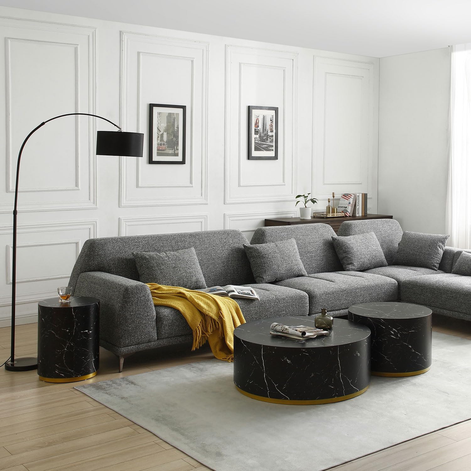 Mesa auxiliar con borde dorado inferior para sala de estar, moderna mesa de centro redonda dorada o mesa auxiliar, mesa de sofá circular para