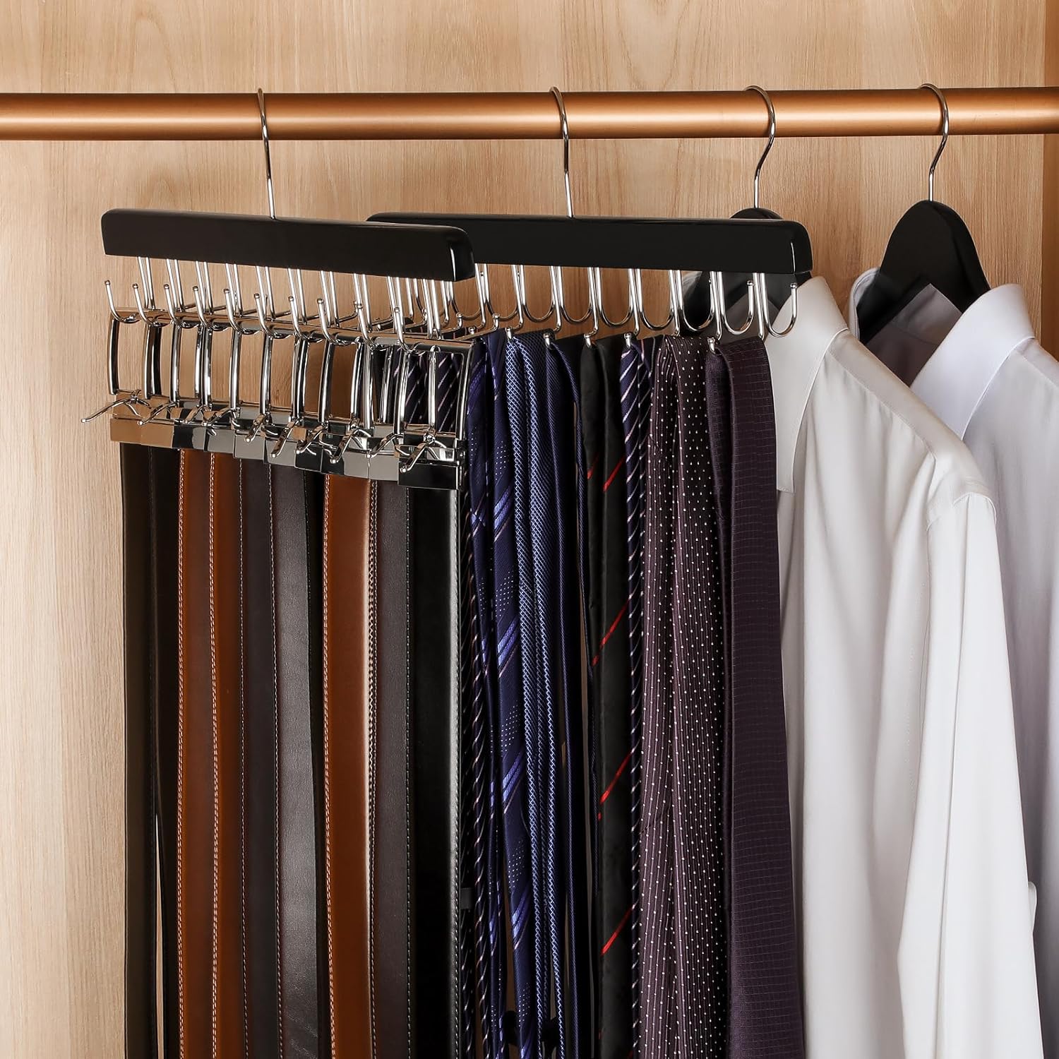 TOPIA HANGER Percha de amarre de cinturón 2 en 1 para armario Max 30 cinturones con capacidad de 30 lazos, 20 ganchos para atar cinturones, colgador
