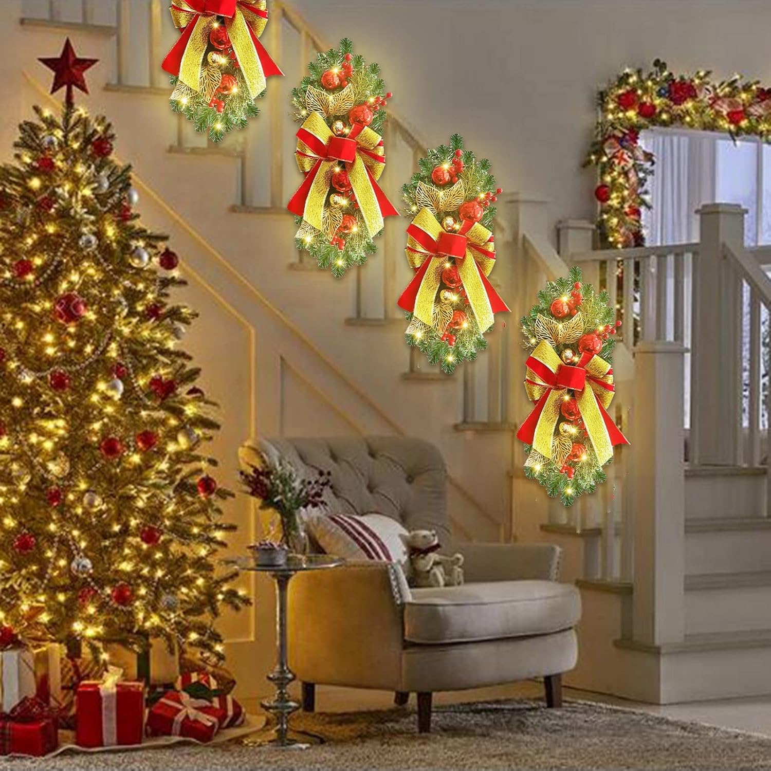 Guirnalda de escaleras de Navidad preiluminada, guirnalda de Navidad, el borde de escalera preiluminado inalámbrico, coronas de Navidad para puerta