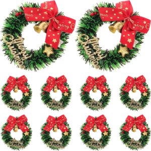 Ciieeo 10 mini coronas de Navidad, pequeñas coronas artificiales de árbol de Navidad con campanas de lazos de 2.55 pulgadas, coronas en miniatura Ciieeo 10 mini coronas de Navidad, pequeñas coronas artificiales de árbol de Navidad con campanas de lazos de 2.55 pulgadas, coronas en miniatura