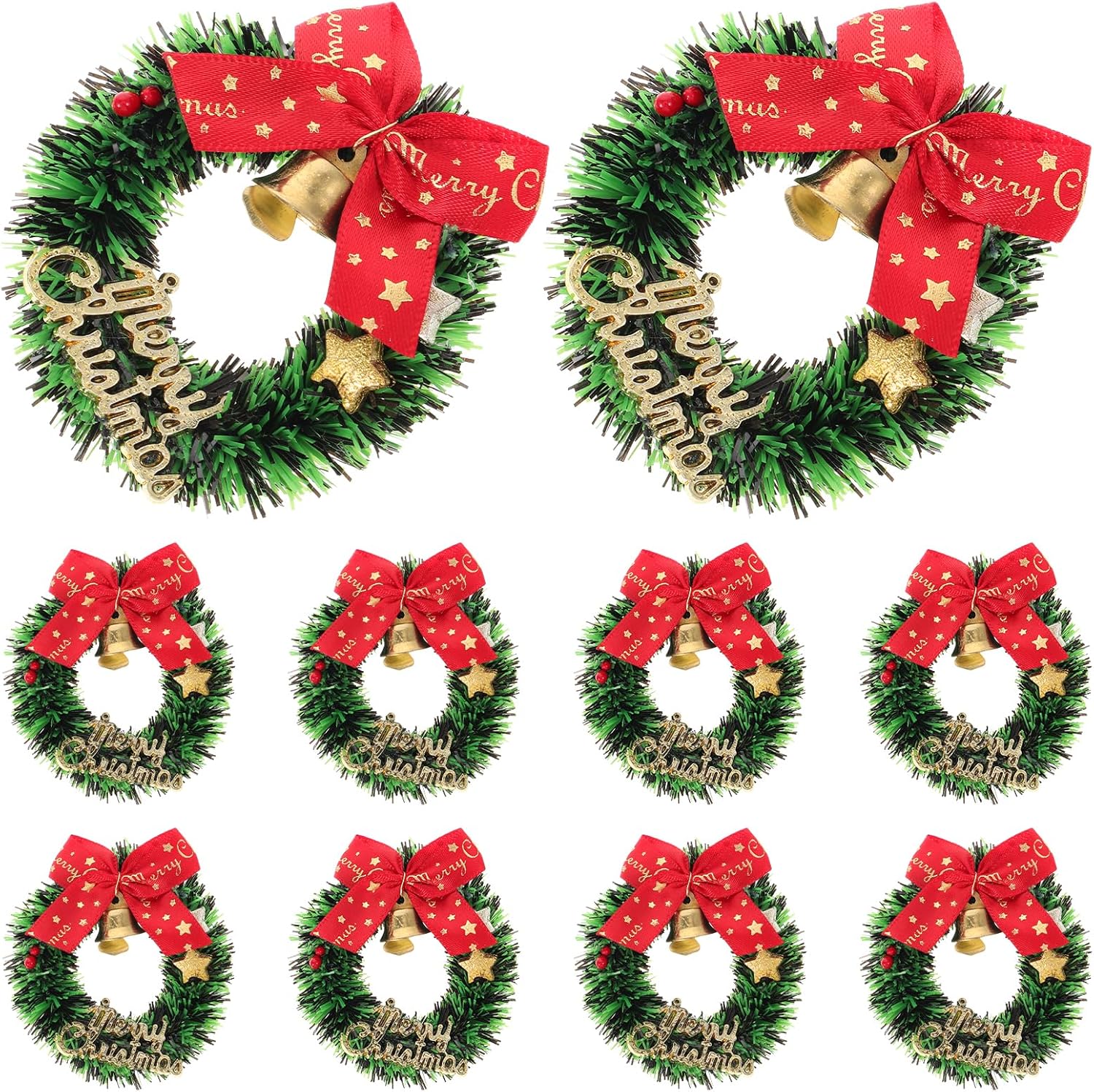Ciieeo 10 mini coronas de Navidad, pequeñas coronas artificiales de árbol de Navidad con campanas de lazos de 2.55 pulgadas, coronas en miniatura
