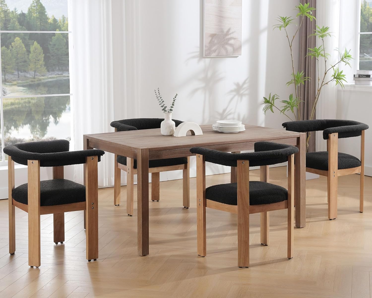 VESCASA Sillas de comedor tapizadas con patas rectangulares de madera marrón claro, sillas de comedor modernas de vellón sherpa de mediados de siglo