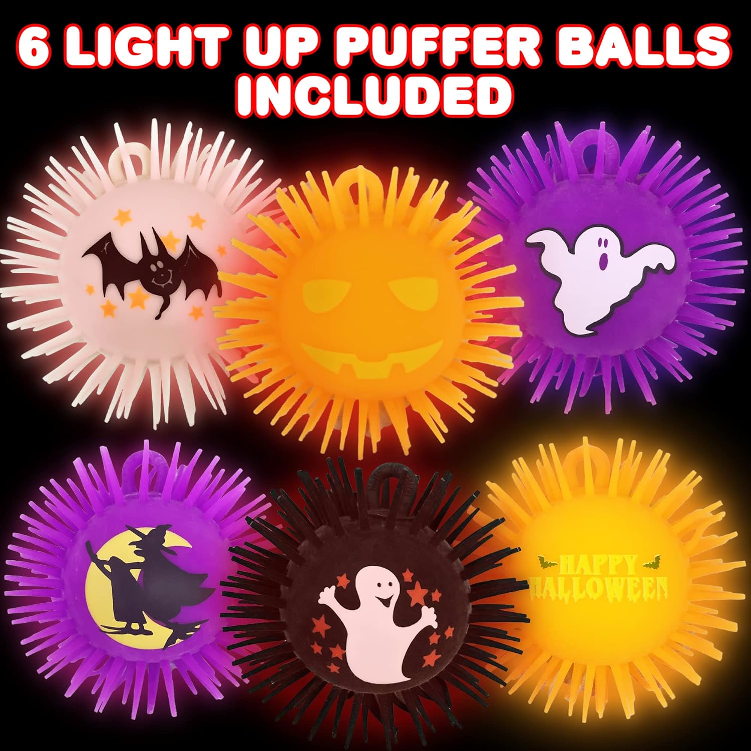 ArtCreativity Bolas de Halloween iluminadas, juego de 6, bolas de estrés suaves y puntiagudas para niños en varios colores, juguetes LED para