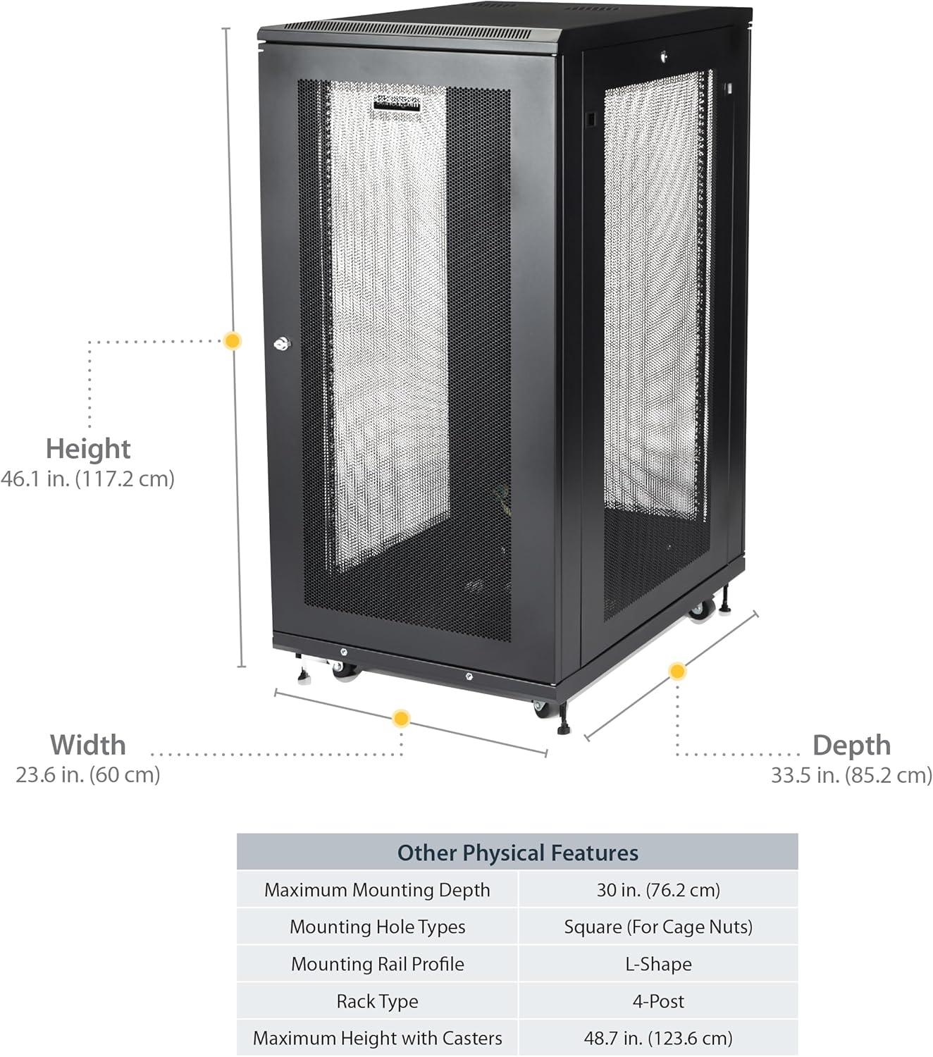 StarTech.com Gabinete para rack de servidores de 4 postes de 24U, gabinete de rack de datos de 19″ para equipos de TI  red, con rieles de montaje