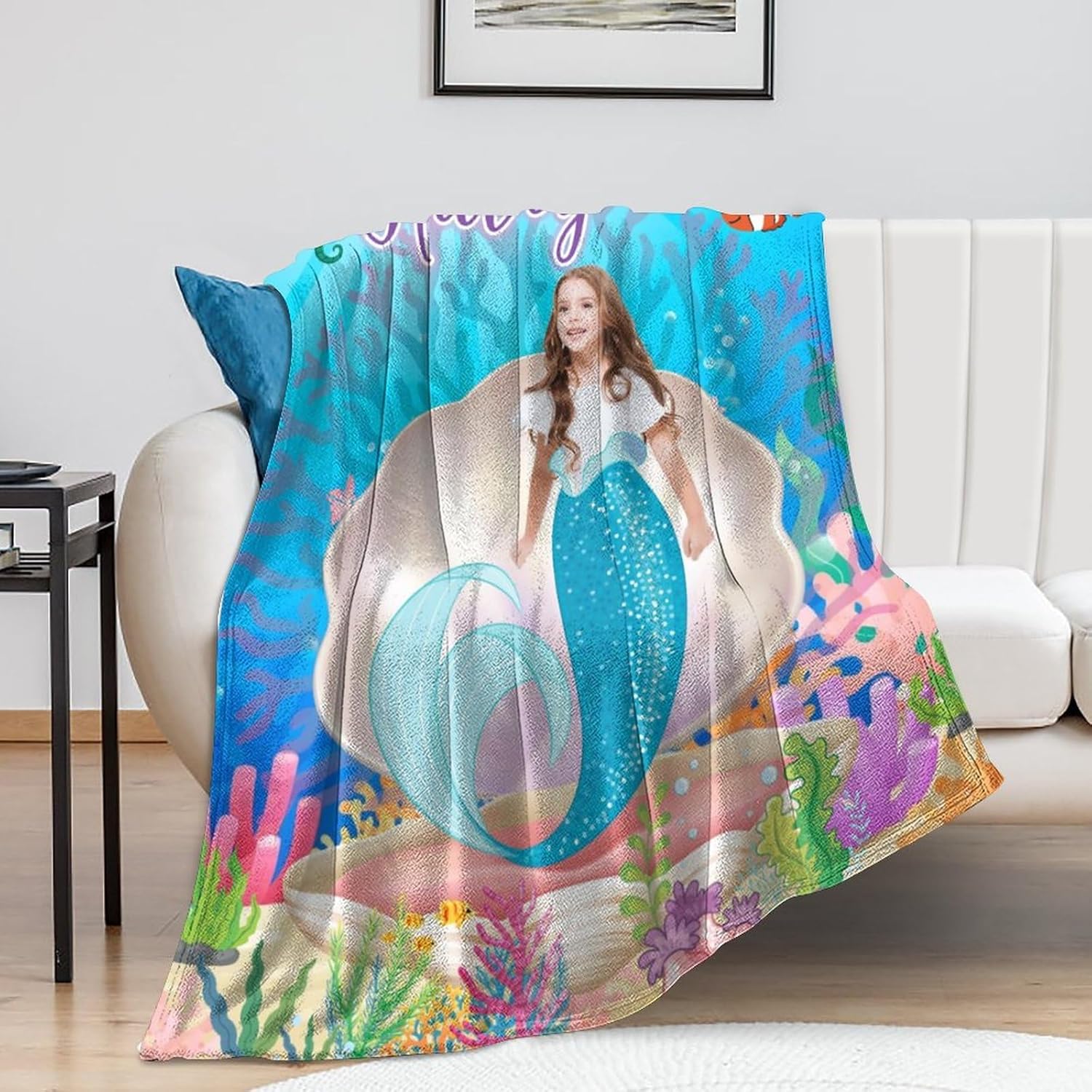 Artsadd Manta personalizada con nombre para niños, manta de foto personalizada, regalos de sirena para niñas, manta personalizada de sirena para