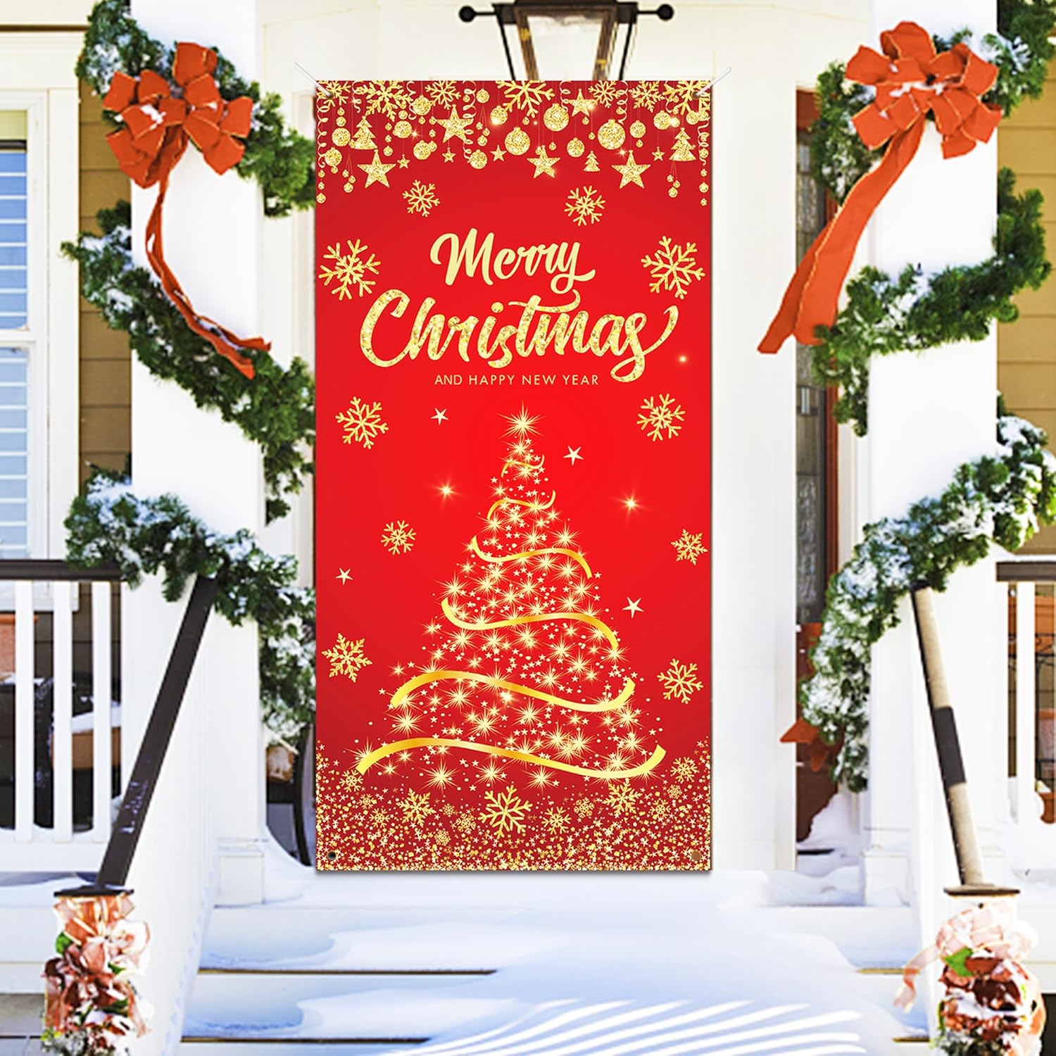 Cubierta de puerta de Navidad dorada para árbol de Navidad, pancarta con purpurina de copo de nieve, cubierta de puerta, fondo de fotografía para