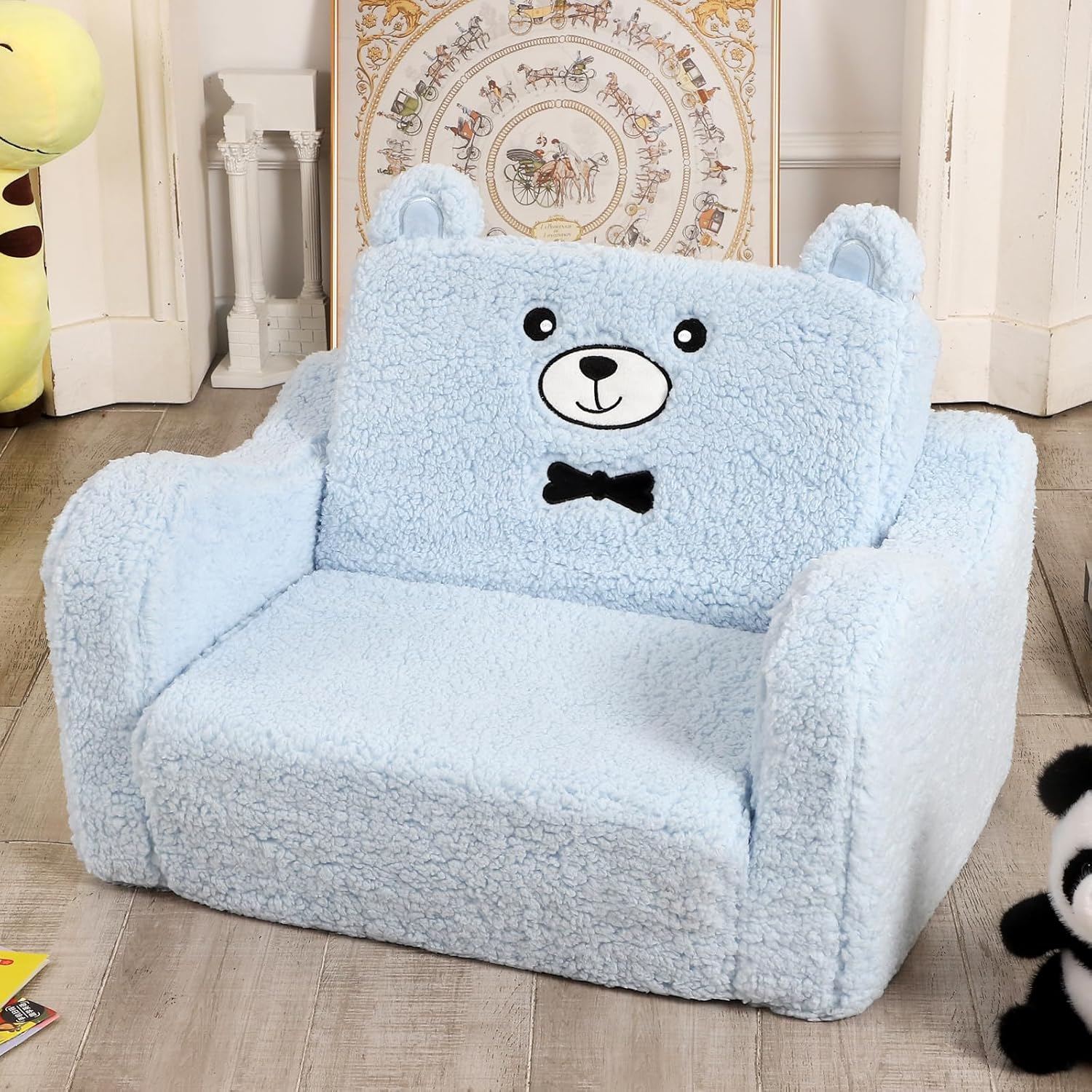 Sillas infantiles para niños pequeños, sofá de sherpa suave 2 en 1 plegable, sofá convertible a tumbona para niñas y niños, oso de peluche, color