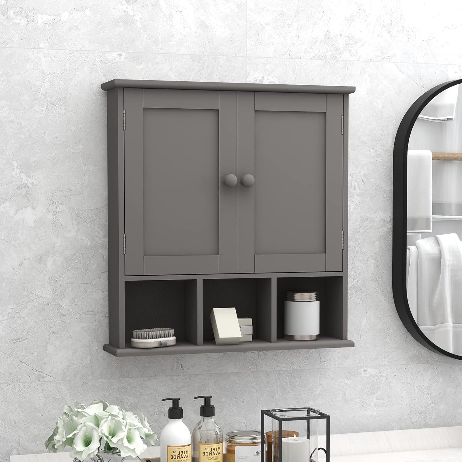 TaoHFE Armario de baño gris, gabinete de pared de baño con estantes ajustables de 2 puertas, armario de almacenamiento sobre el inodoro, armario de