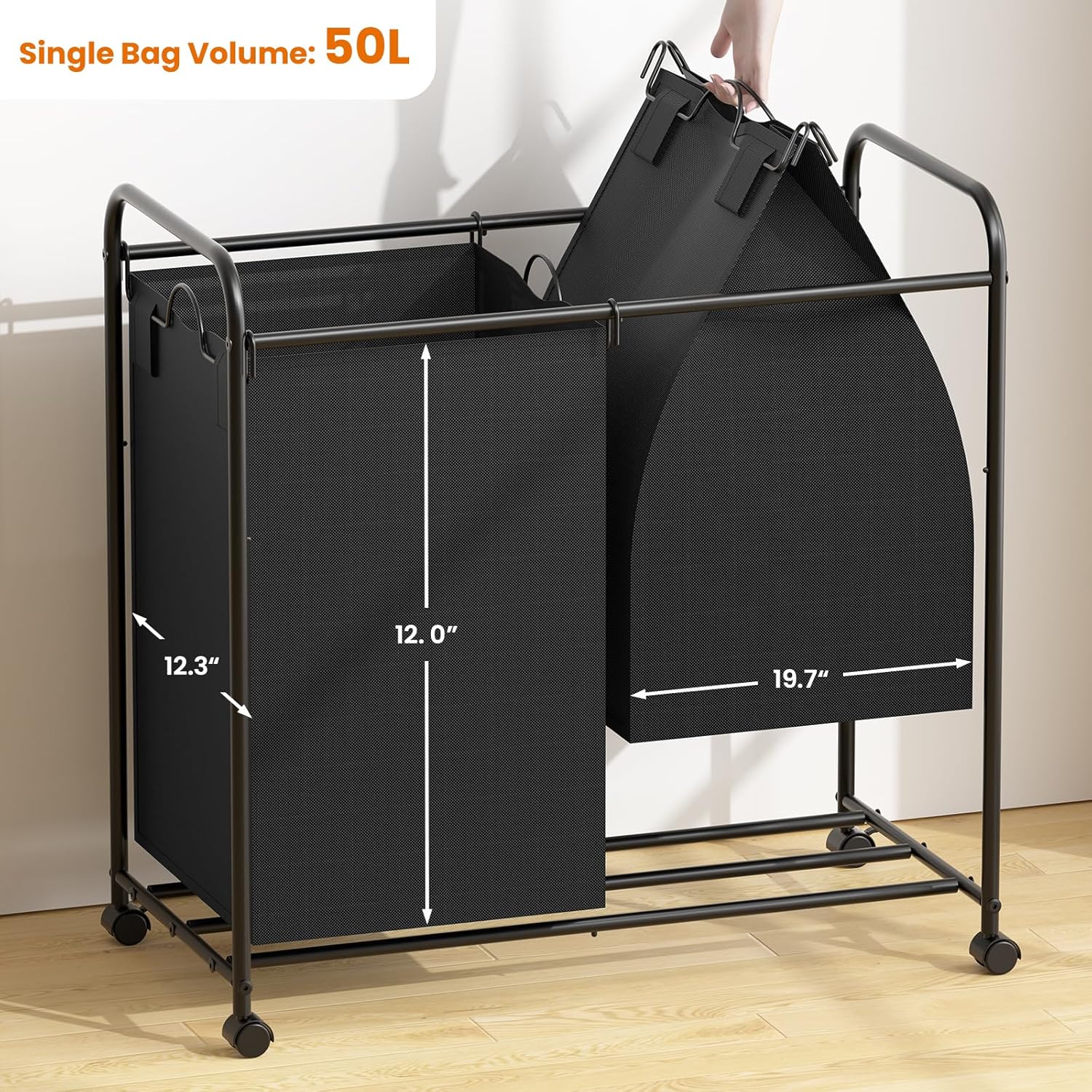 Carrito clasificador de ropa sucia sellado de 100 litros, cesta de lavandería doble con ruedas, cesta de lavandería enrollable con tapa, resistente