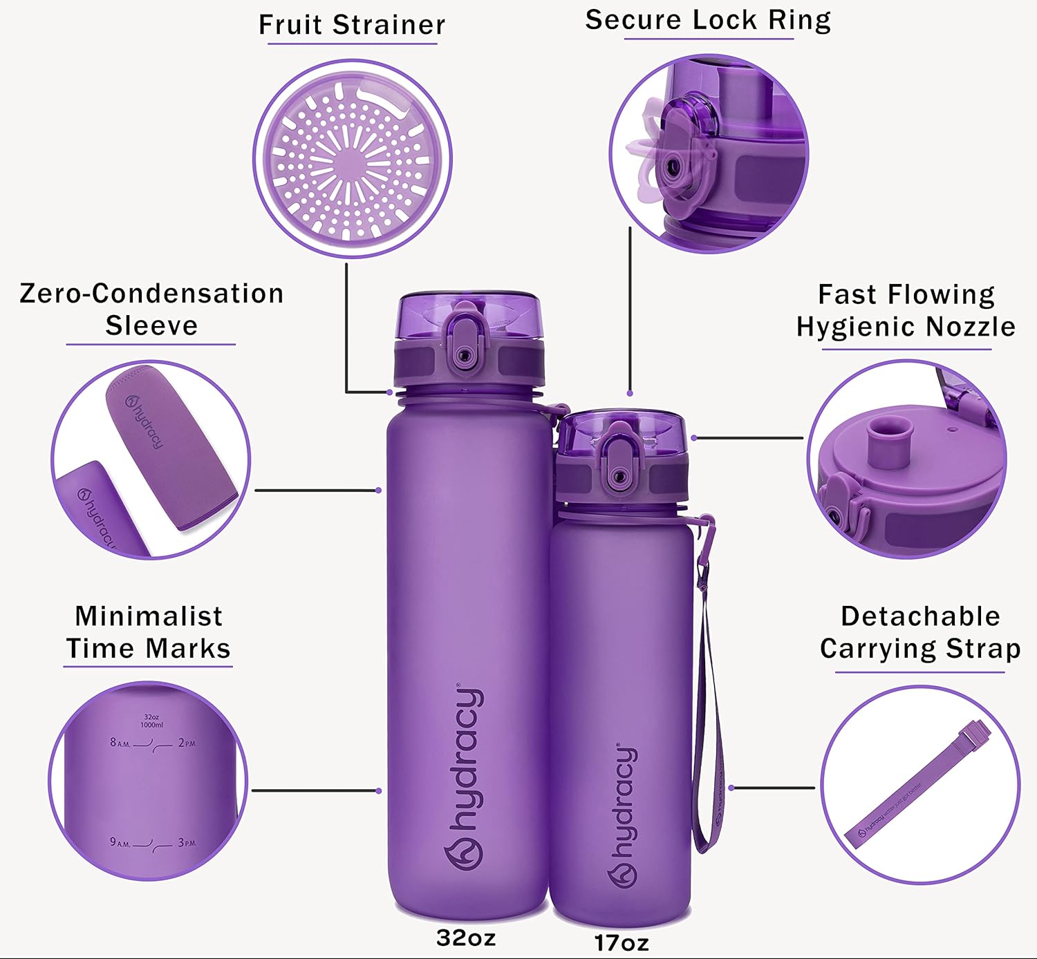Hydracy Botella de agua con marcador de tiempo, botella de agua grande sin BPA y funda sin sudor, botella de gimnasio a prueba de fugas con infusor
