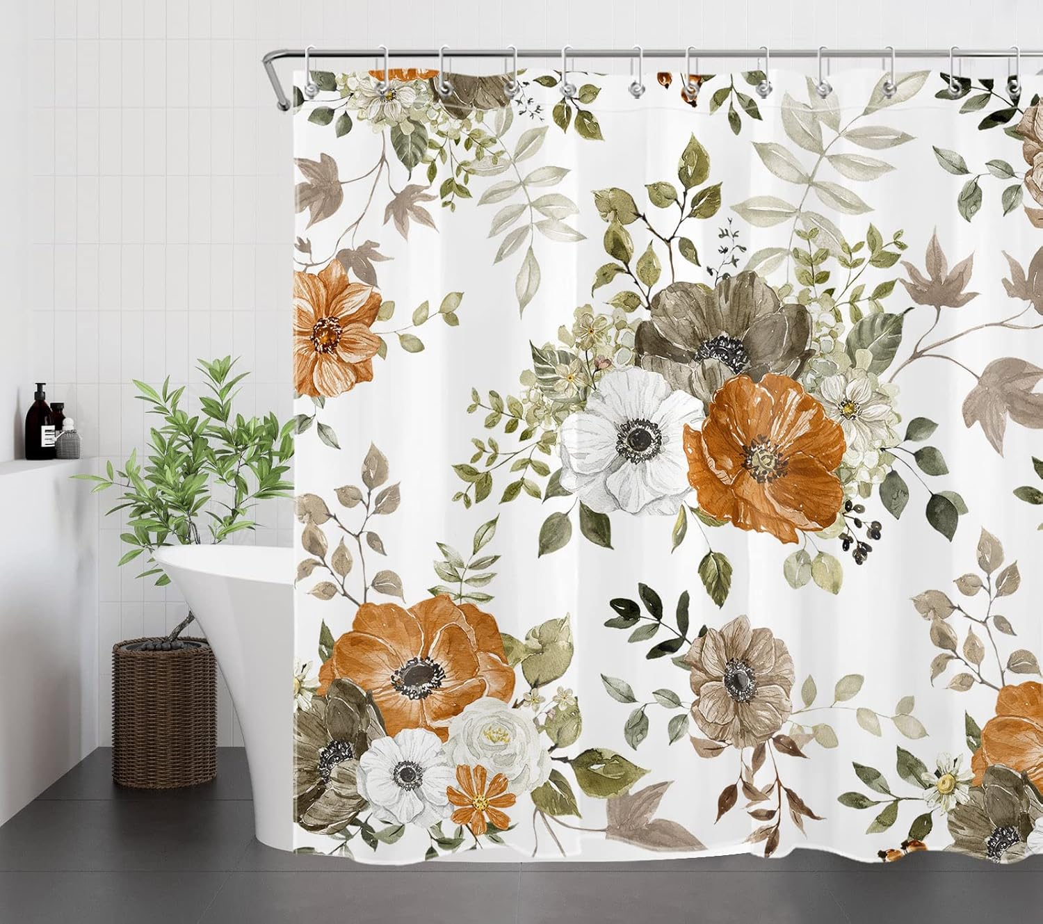 LB Grey and Orange Flower Shower Curtain Sets with Rugs Autumn Country Plant Watercolor Floral on White Fabric Shower Curtain with Hooks Fall