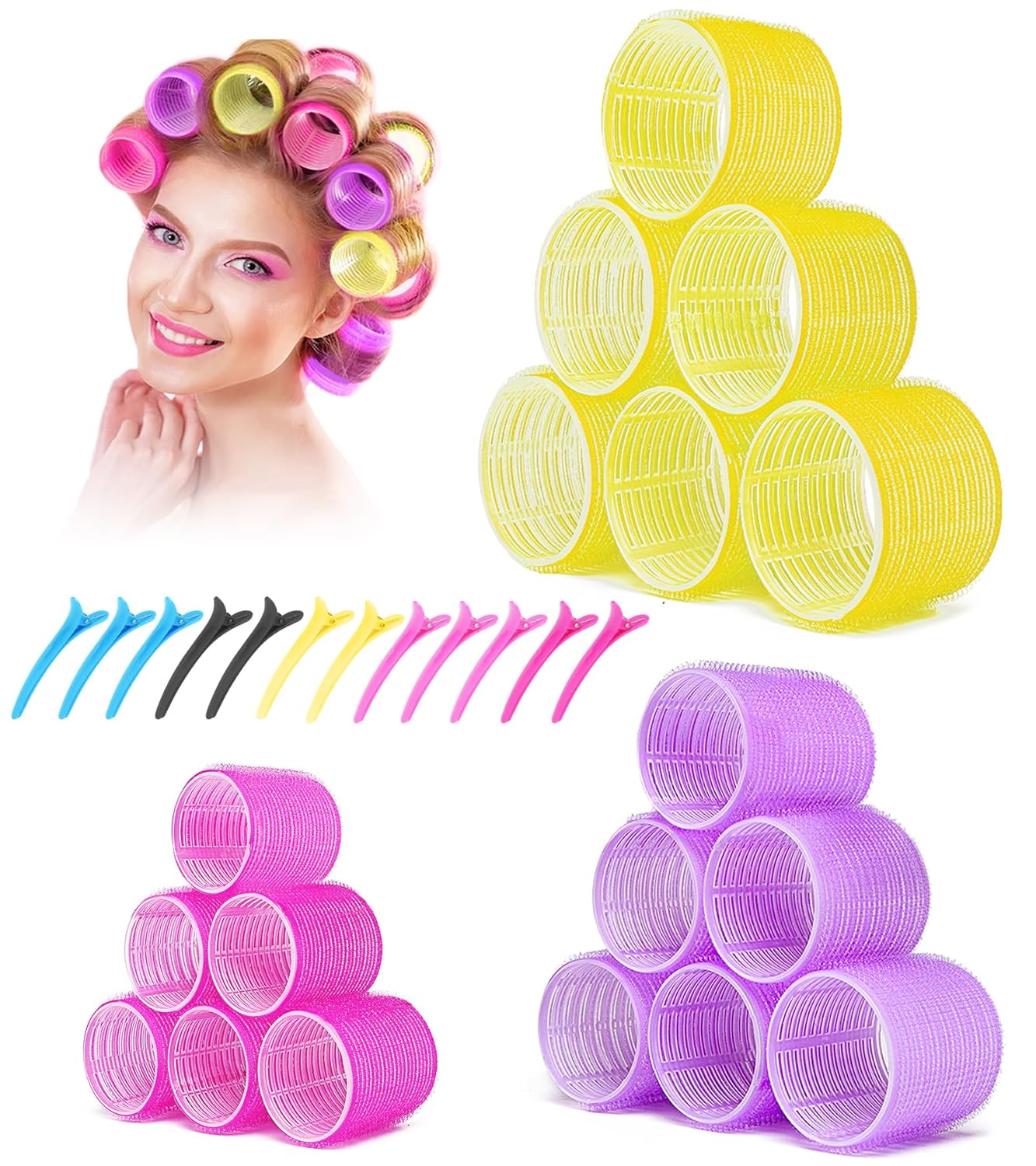 Rodillos para el cabello jumbo, 30 paquetes de rodillos grandes para cabello largo y mediano, 3 tamaños, rodillos de cabello con autoagarre para