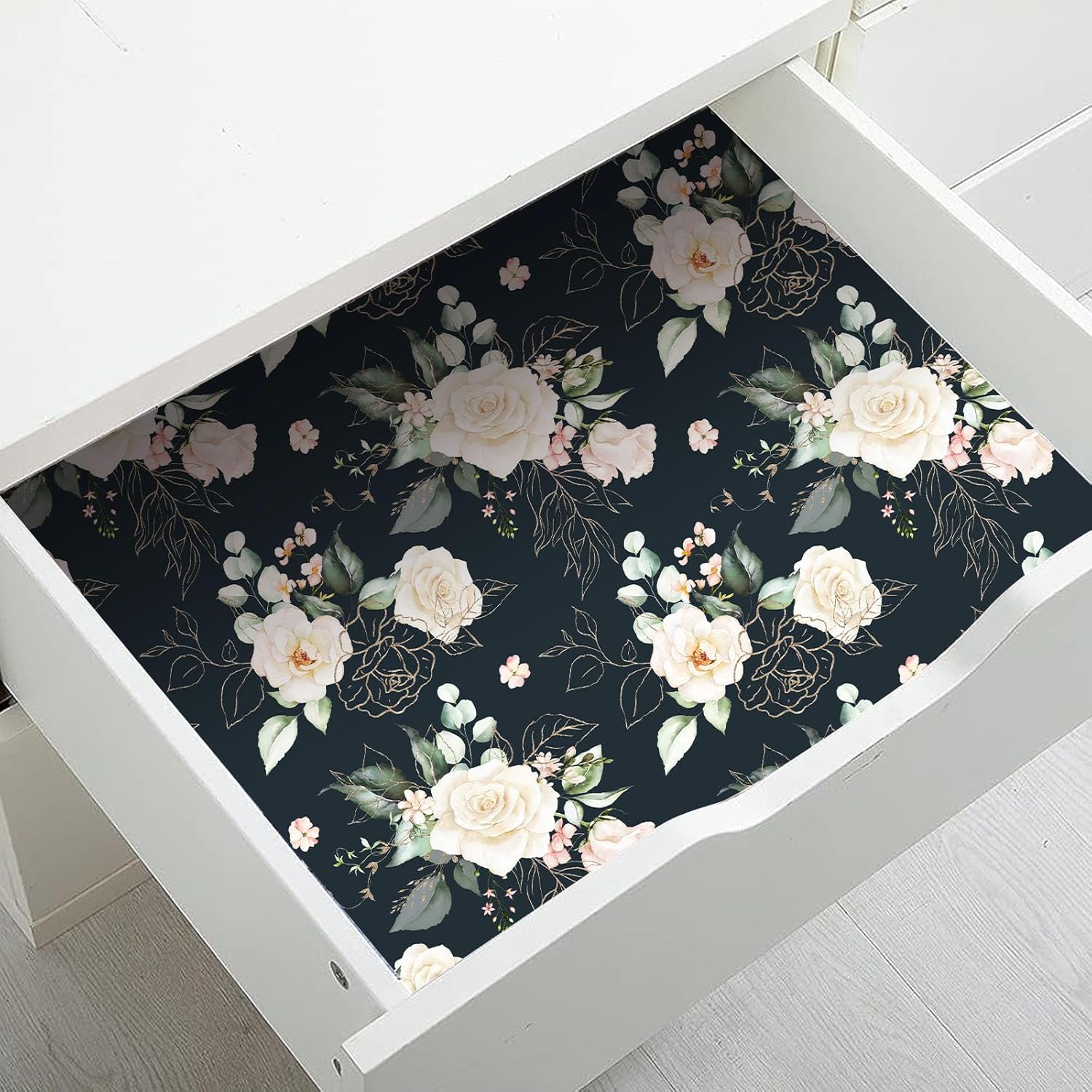 BaoHArtHome Papel tapiz floral para despegar y pegar, papel de contacto extraíble, hojas de oro negro, bohemio, fácil de despegar, autoadhesivo,