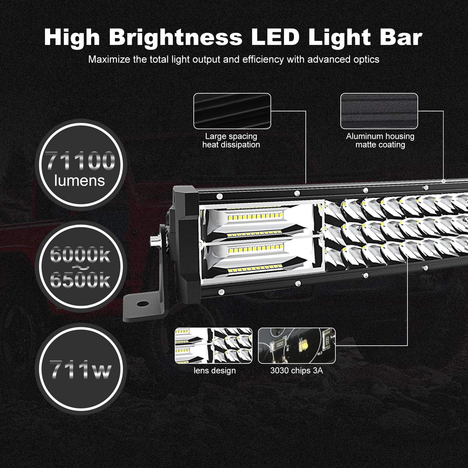 Barra de luz LED de 52 pulgadas, 711 W, curvada + 20 pulgadas, 288 W, triple fila de inundación, combo de haz de luz combinado, 4 unidades, 4