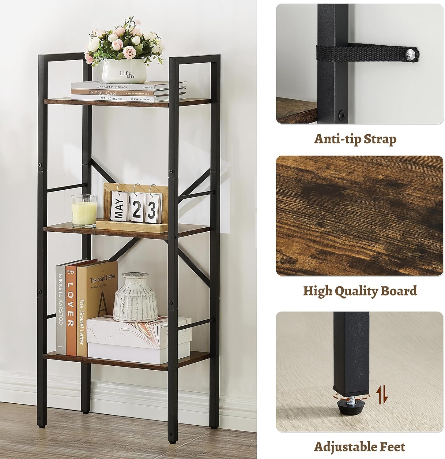 Tajsoon Estantería de escalera industrial de 3 niveles, estantería pequeña y estrecha con marco de metal, estante delgado multifuncional para