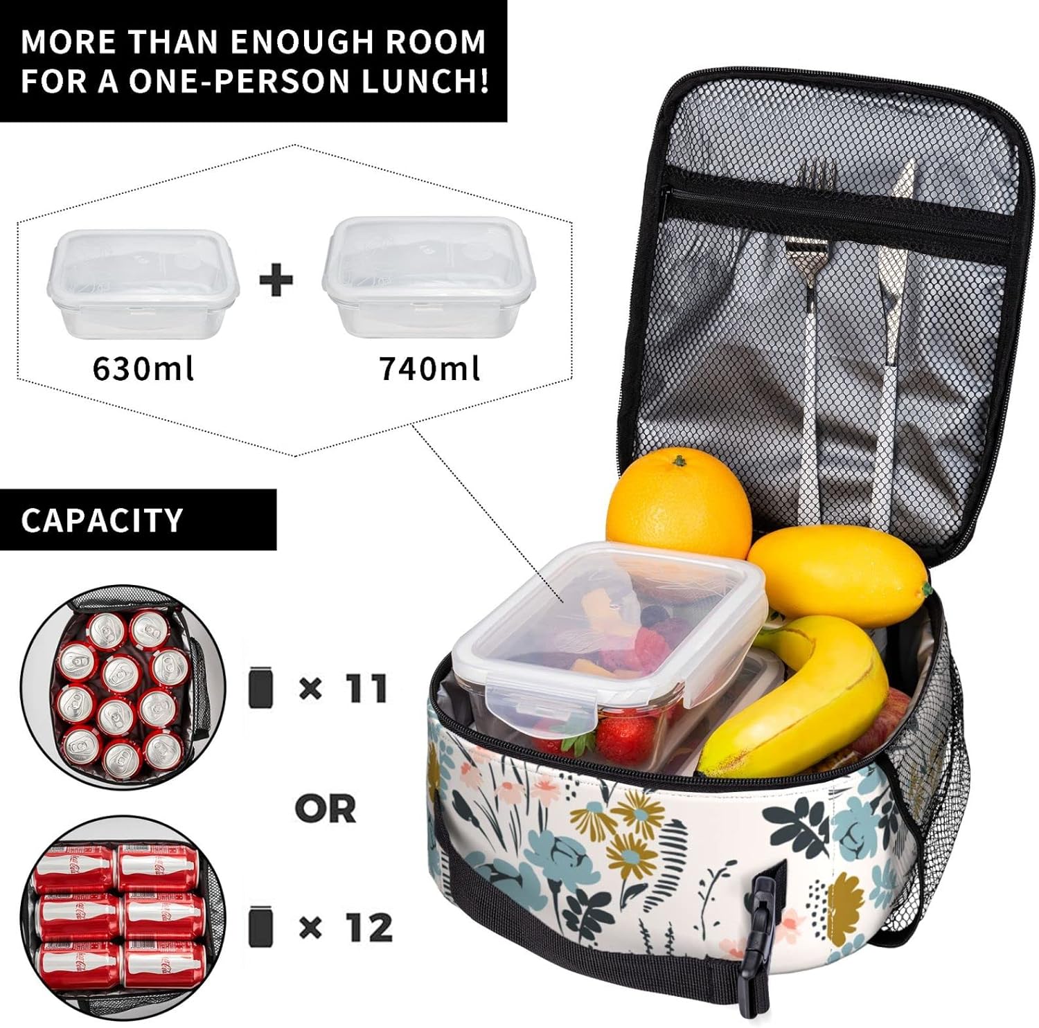 Bolsa de almuerzo con patrón floral, doble aislamiento, a prueba de fugas, bolsa de mano, organizador de almuerzo para trabajo, picnic, viajes,