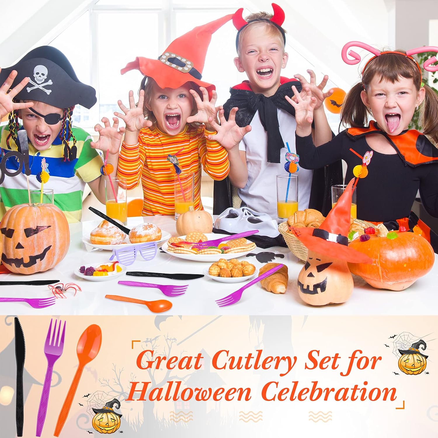Juego de 60 cubiertos de plástico para Halloween, tenedores, cucharas, cuchillos, utensilios de colores negro, naranja, morado, vajilla desechable