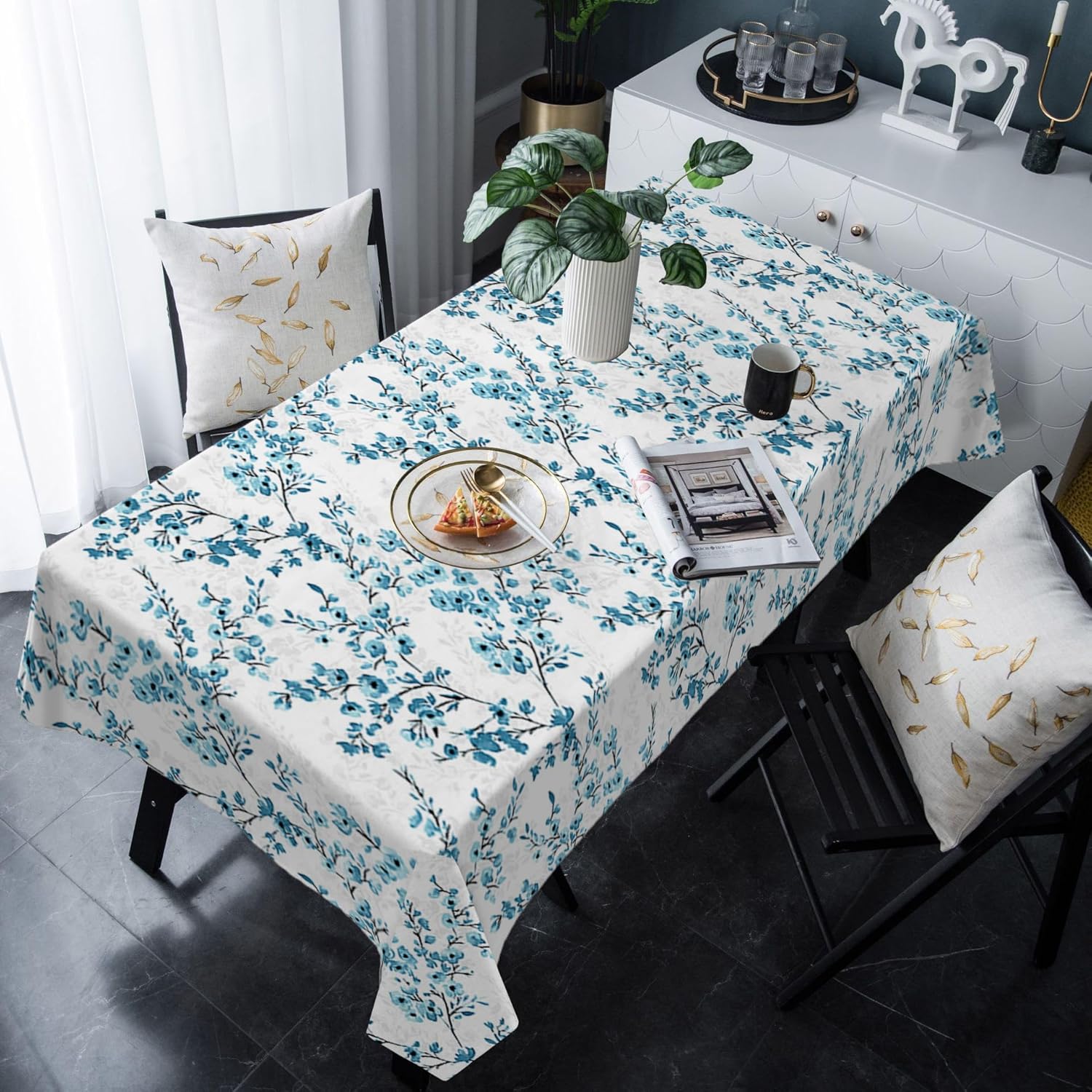 Mantel impermeable floral azul acuarela, mantel decorativo lavable para cocina, comedor, vacaciones, picnic al aire libre, manteles rectangulares de
