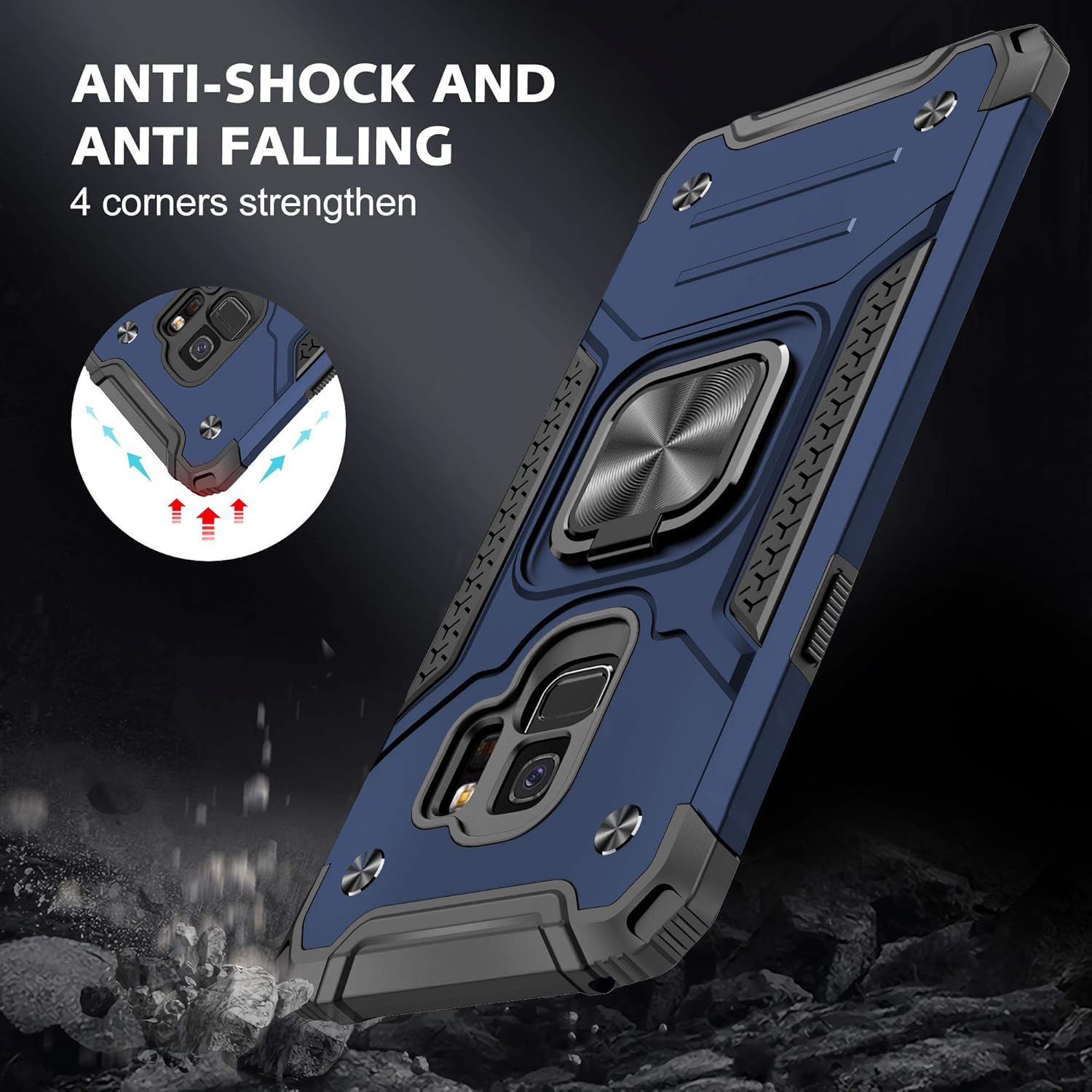 YmhxcY Funda para Galaxy S9, Samsung S9 con protector de pantalla curvado 3D, funda de grado armadura con soporte giratorio, antideslizante,