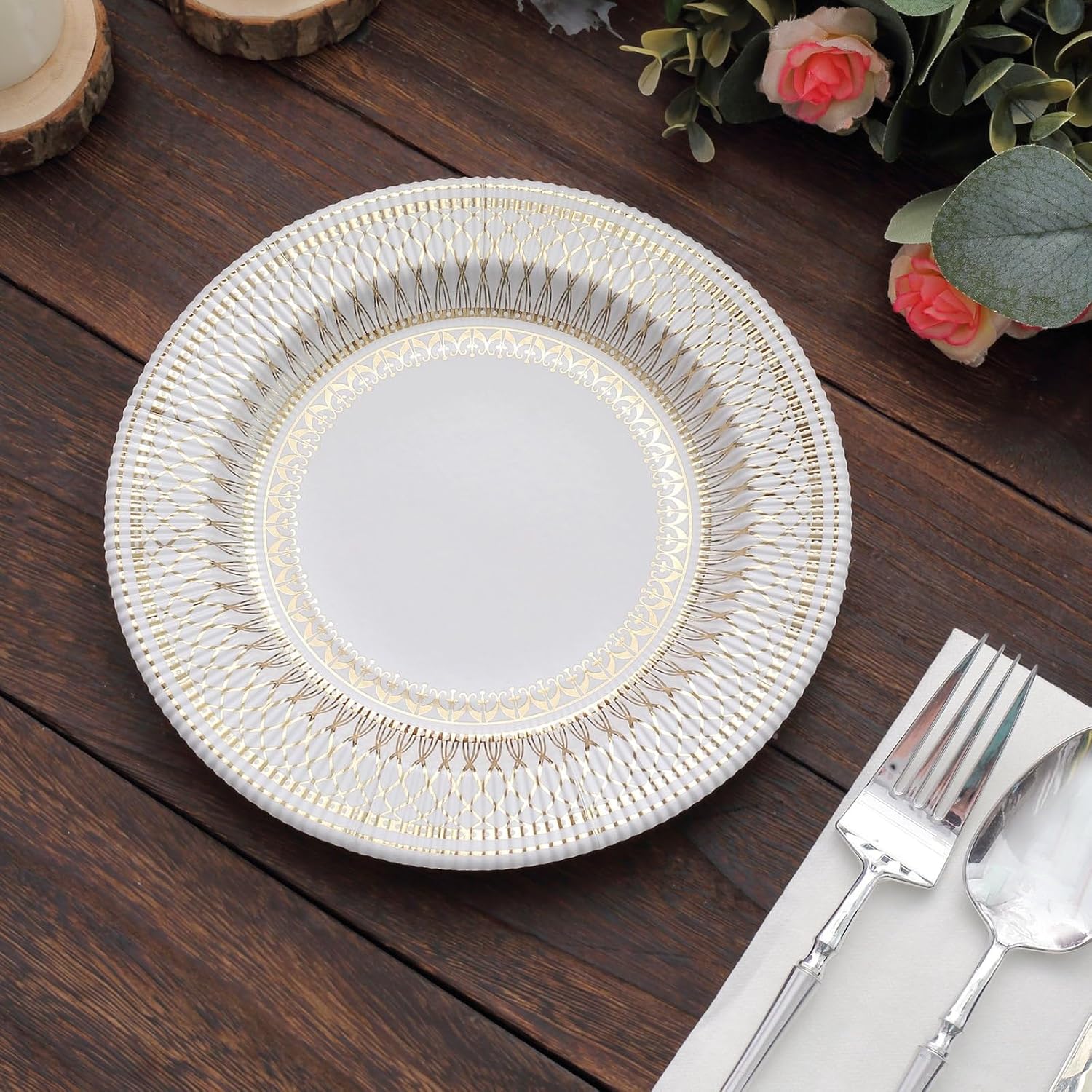 Efavormart – Paquete de 25 platos de papel de postre estilo vintage de porcelana dorada y blanca de 8 pulgadas, platos de fiesta desechables