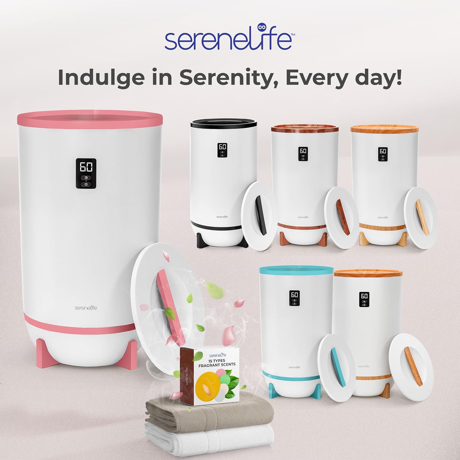 SereneLife Calentador de toallas y mantas de un solo toque con soporte de disco fragante y anillo LED, función de apagado automático, temporizador