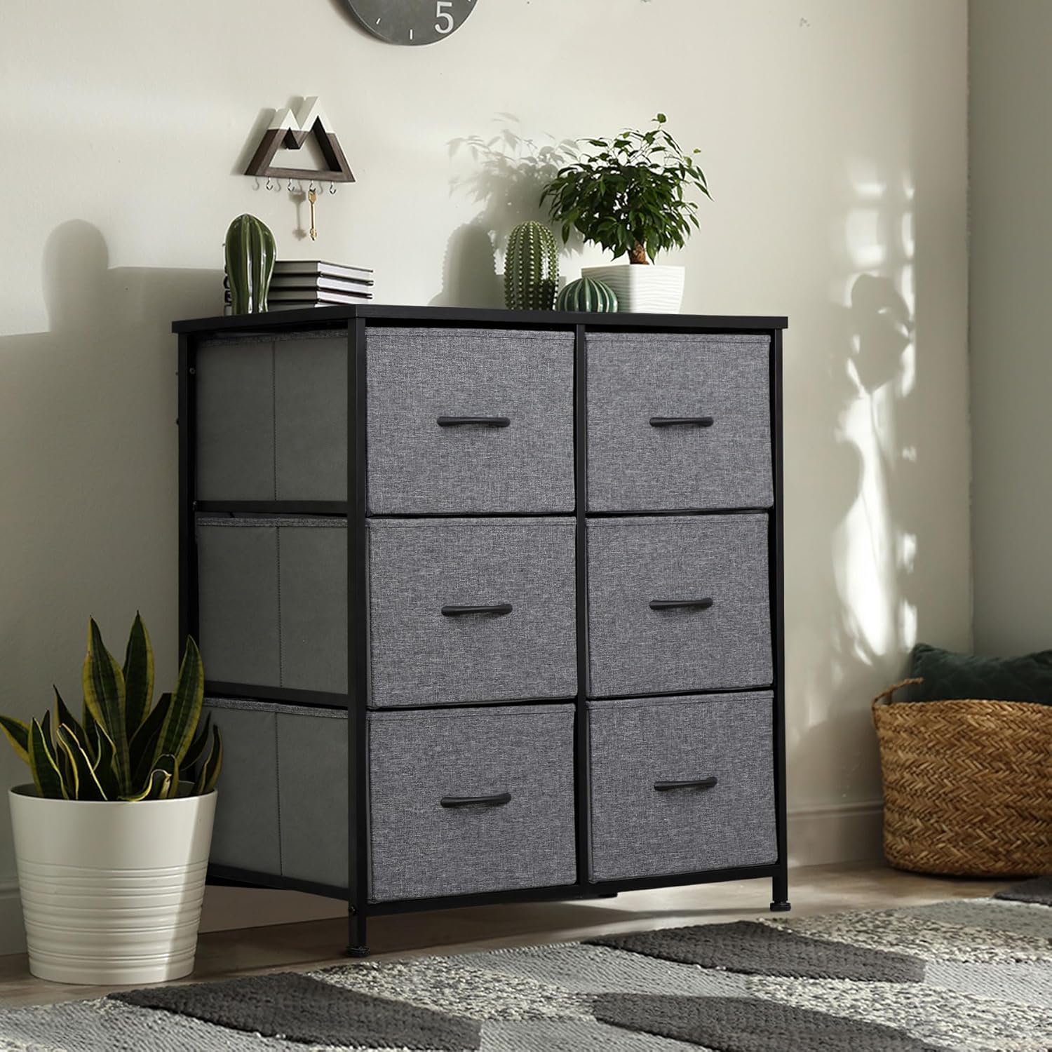 SUPER DEAL Cómoda de 6 cajones para dormitorio, torre de almacenamiento de tela, organizador doble, cómoda, marco de acero resistente, parte