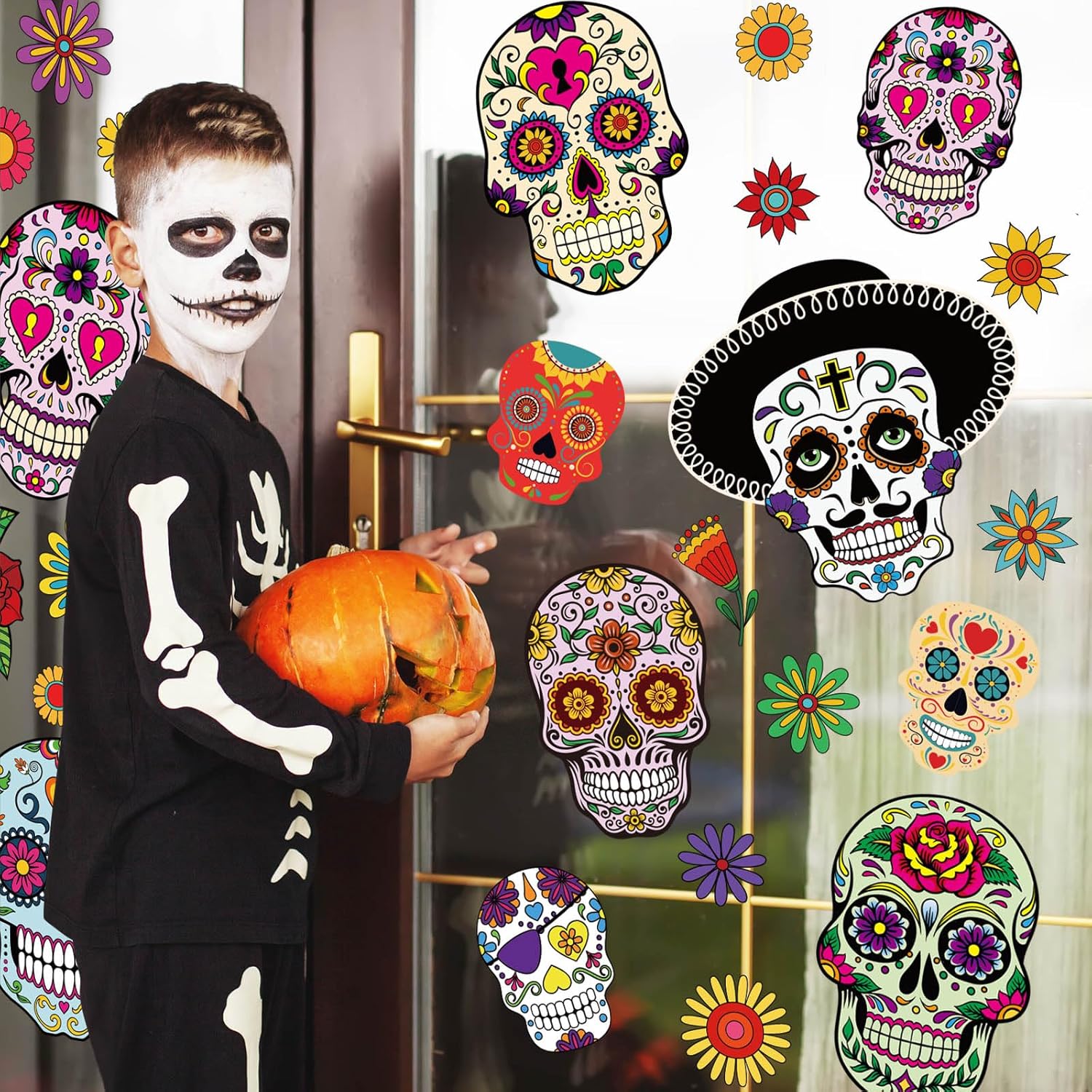 Whaline 9 hojas de calcomanías para ventana con diseño de calavera de azúcar de doble cara para Halloween, patrones de flores coloridas, calcomanías
