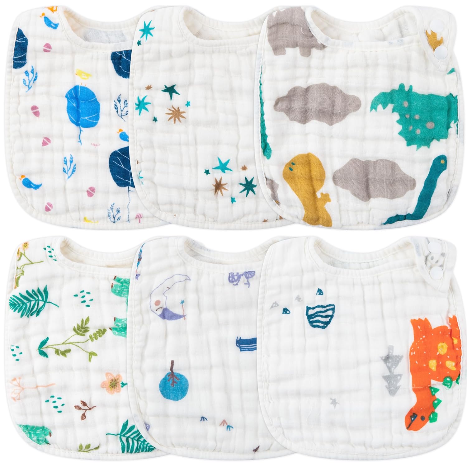 Zainpe 6 baberos de algodón con diseño de dinosaurio y oso, ajustables, para niños y niñas de 3 a 36 meses