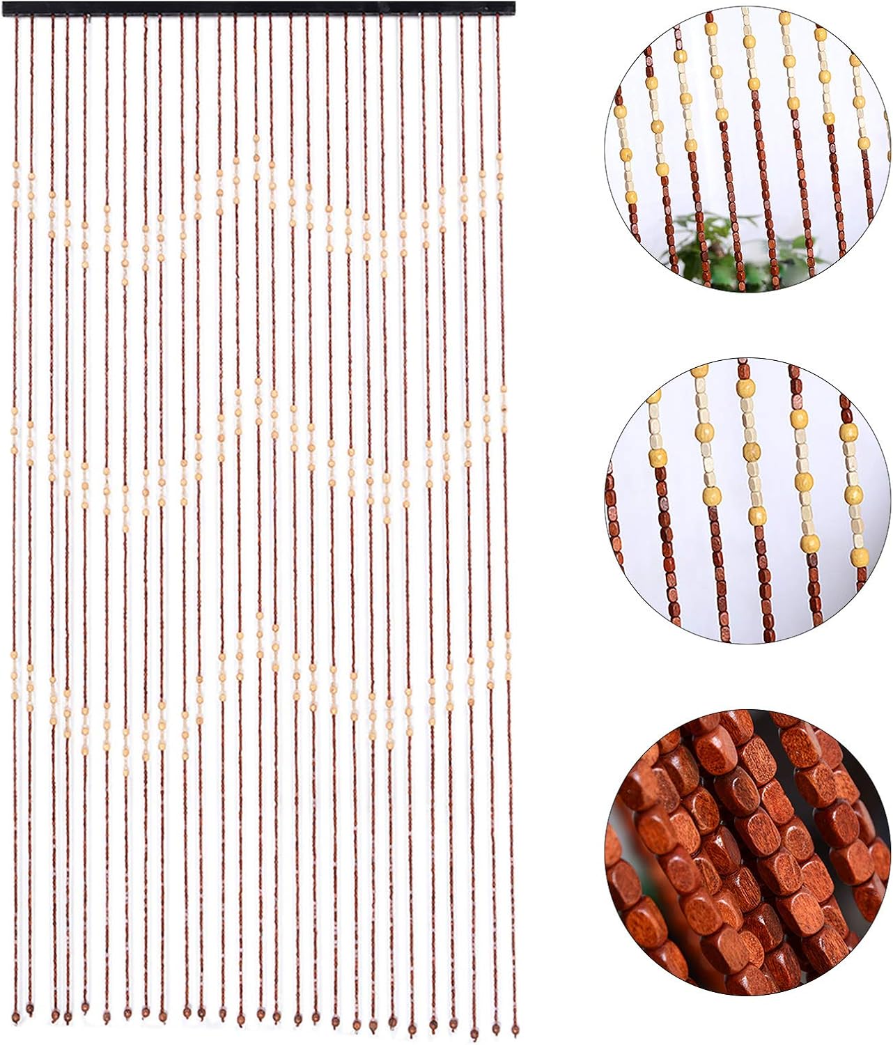 Eapmic Cortina de cuentas de madera y bambú, cortina de 27 líneas onduladas densas con flecos y borlas para puerta, cuentas de madera hechas a mano,