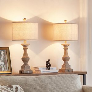 Kyrid Juego de 2 lámparas de mesa regulables de 3 vías de 25.5 pulgadas con control táctil rústico con puertos de carga USB duales para dormitorio, Kyrid Juego de 2 lámparas de mesa regulables de 3 vías de 25.5 pulgadas con control táctil rústico con puertos de carga USB duales para dormitorio,