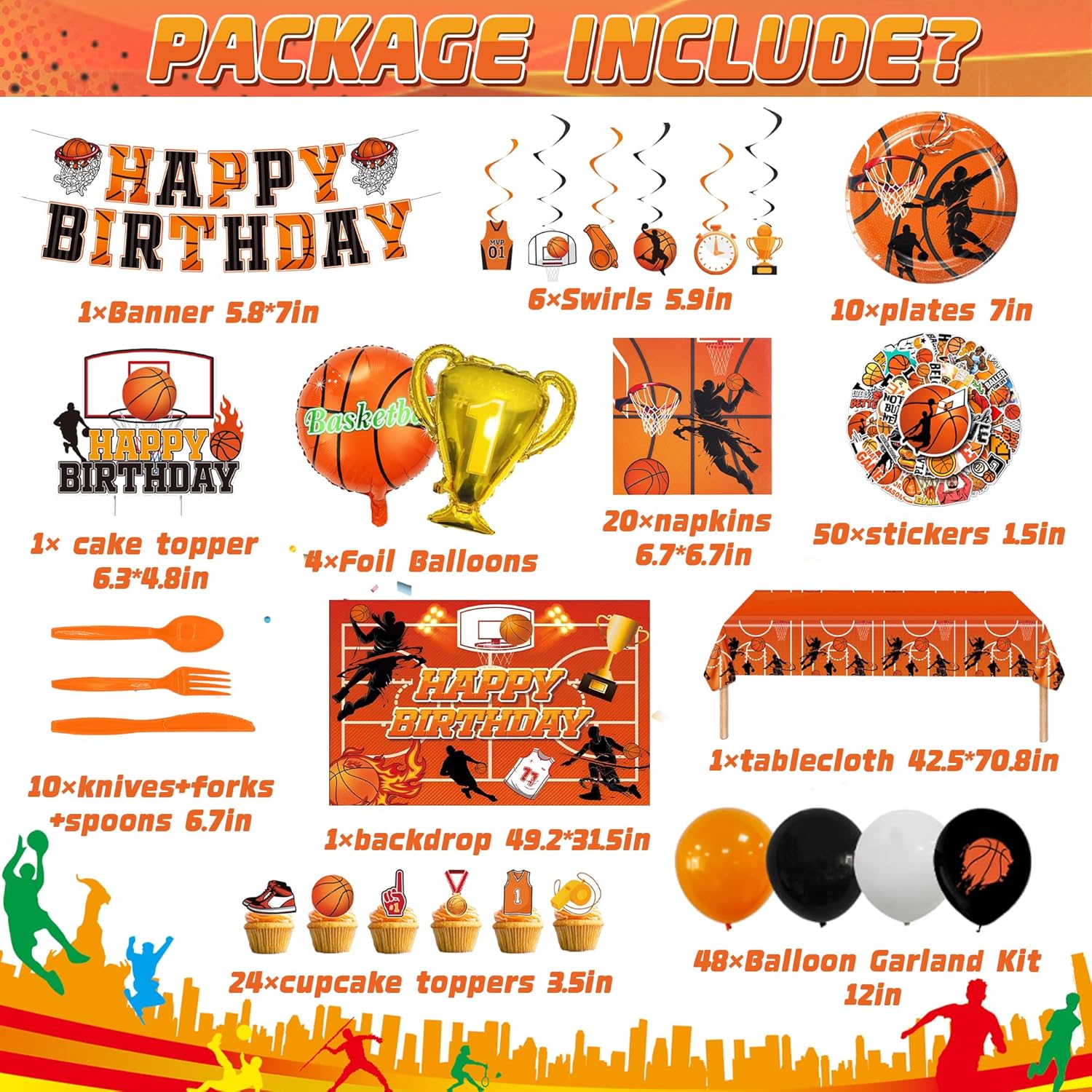 Juego de 196 piezas de decoración de fiesta de cumpleaños temática de baloncesto, incluye kit de globos, platos, servilleta, taza, tenedor,