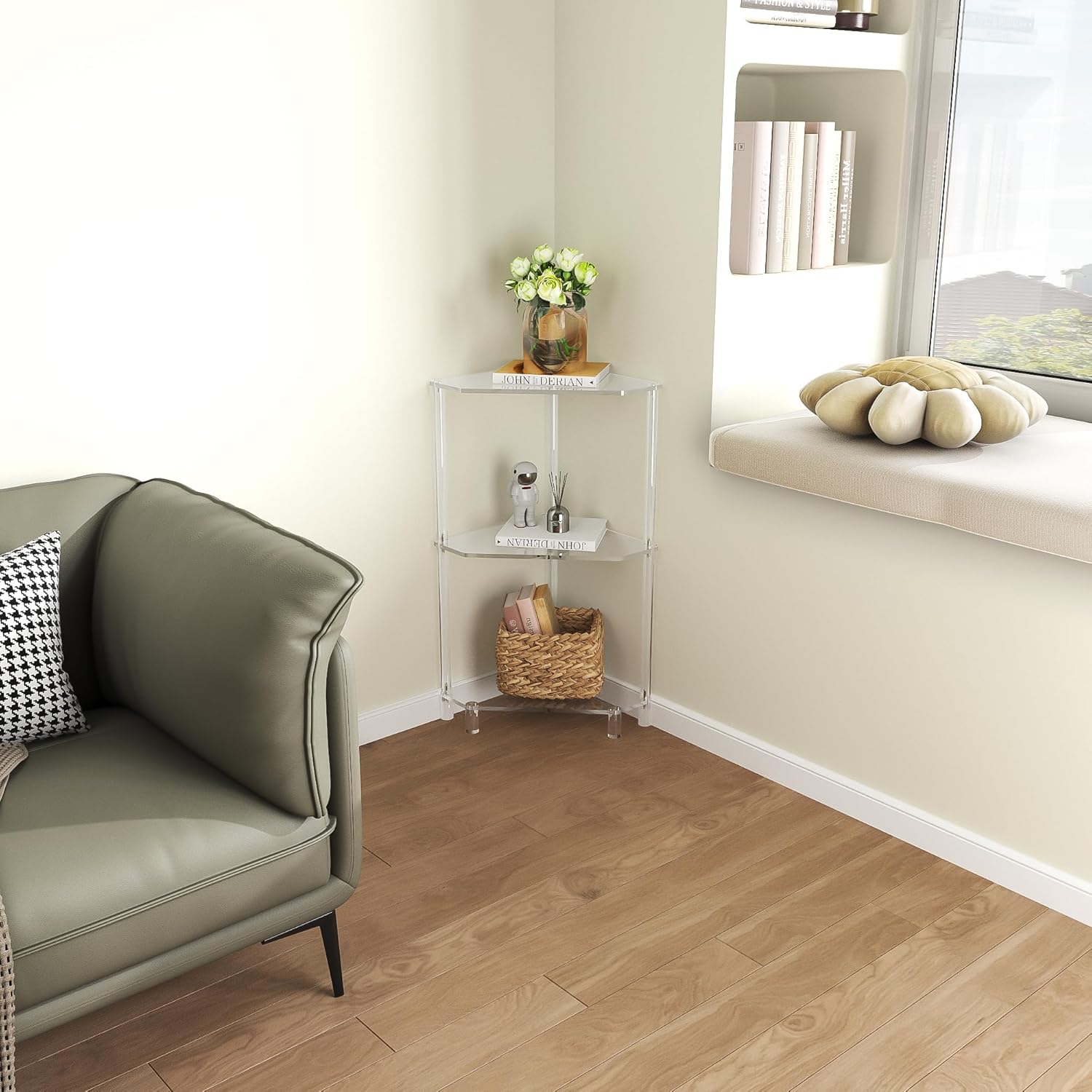Eglaf Mesa auxiliar de esquina de acrílico, mesa auxiliar triangular de 3 niveles, mesa auxiliar pequeña para sala de estar, dormitorio, baño, 11.8
