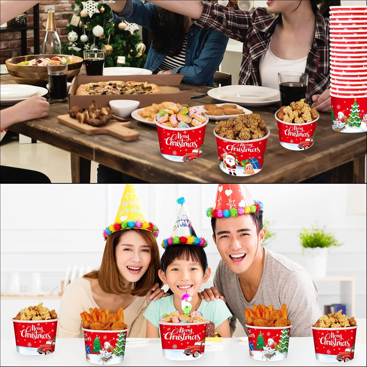 gisgfim 50 vasos de papel de Navidad, tazas de helado de Navidad, desechables de 9 onzas, tazones de postre para sopas temáticas de Navidad, para