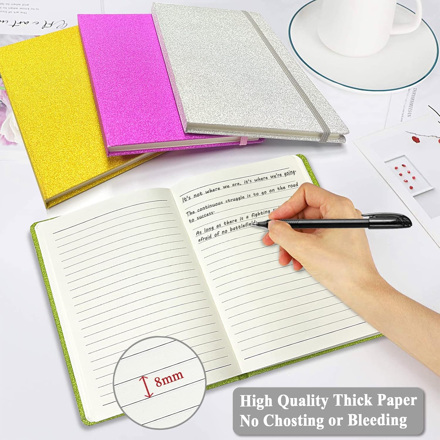 GINMLYDA A5 Glitter Notebook, Hardcover 160 Pages Never Peel Off Sparkle Glitter Lined Journal Notebook for Women Girls Writing Note Taking Works