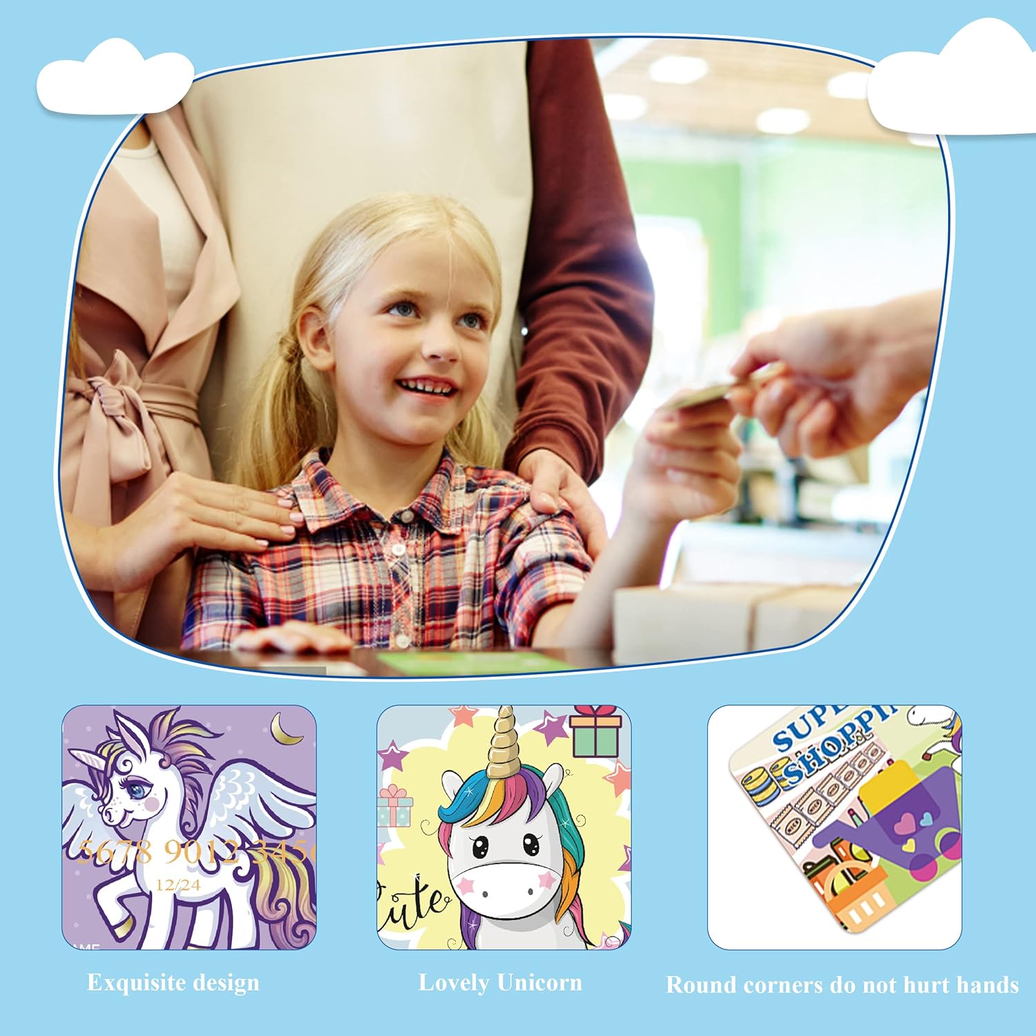 Tarjetas de crédito falsas para niños, tarjetas de crédito de unicornio para niñas, licencia de conducir, tarjetas de juego de membresía, tarjetas