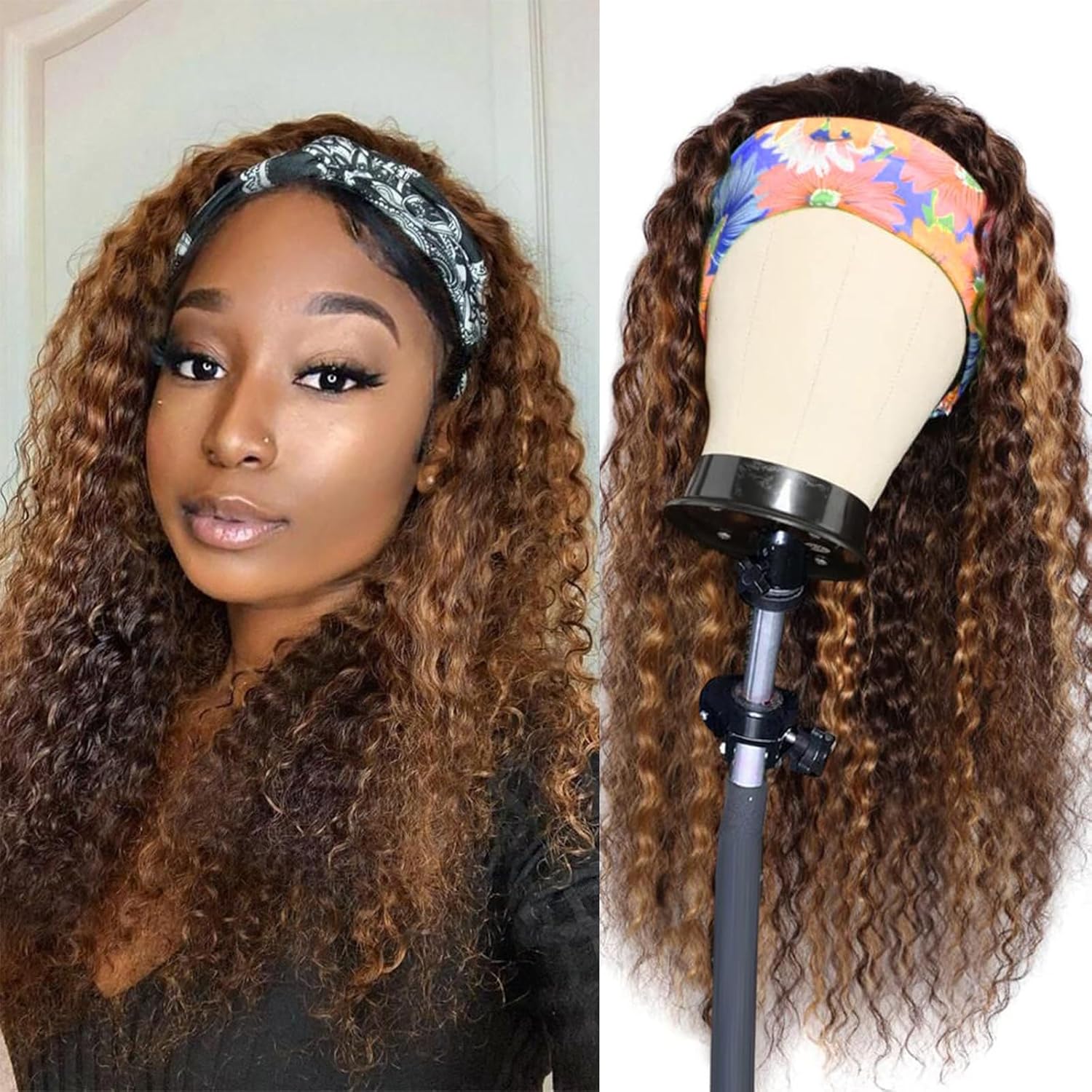 Peluca de cabello humano con diadema de ondas profundas 427 de cabello humano para mujer, sin pegamento, sin encaje frontal, hecha a máquina, 150%