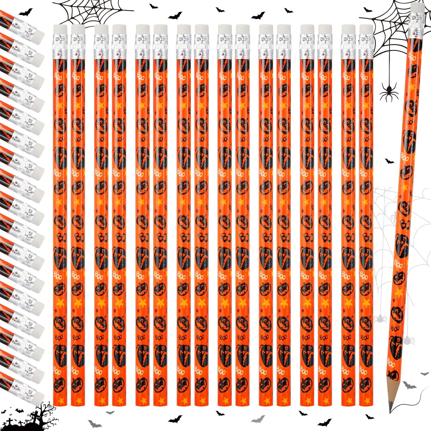 300 lápices de Halloween con borrador, cráneo, araña, fantasma, calabaza, lápices de madera con temática de Halloween, lápices de dibujo de madera