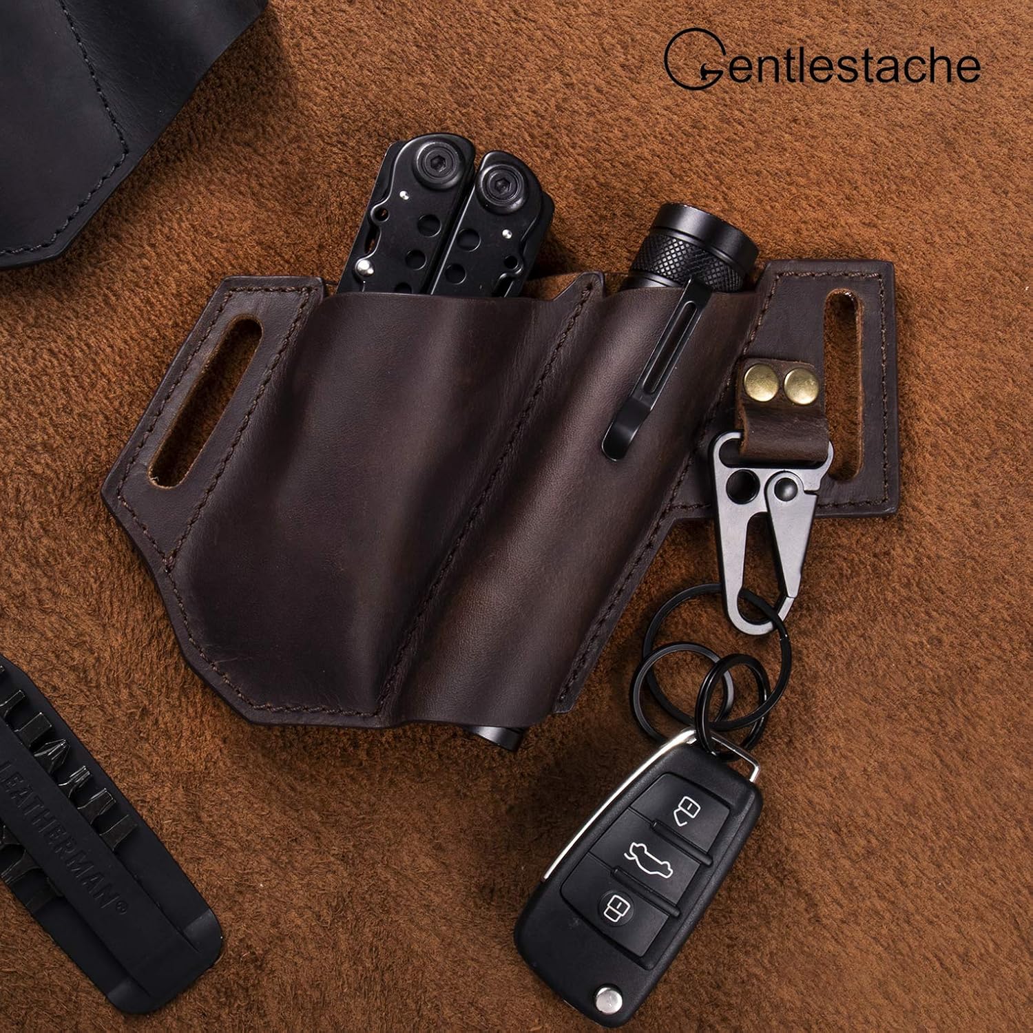 Gentlestache Funda de cuero para cinturón, funda de cuero para multiherramienta, organizador de bolsillo de cuero