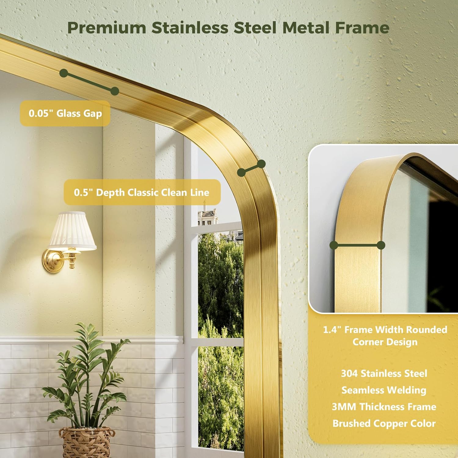 REYPEK Espejo de baño dorado de 22 x 30 pulgadas, espejo de pared dorado con marco de metal cepillado, espejo rectangular grande y redondeado para
