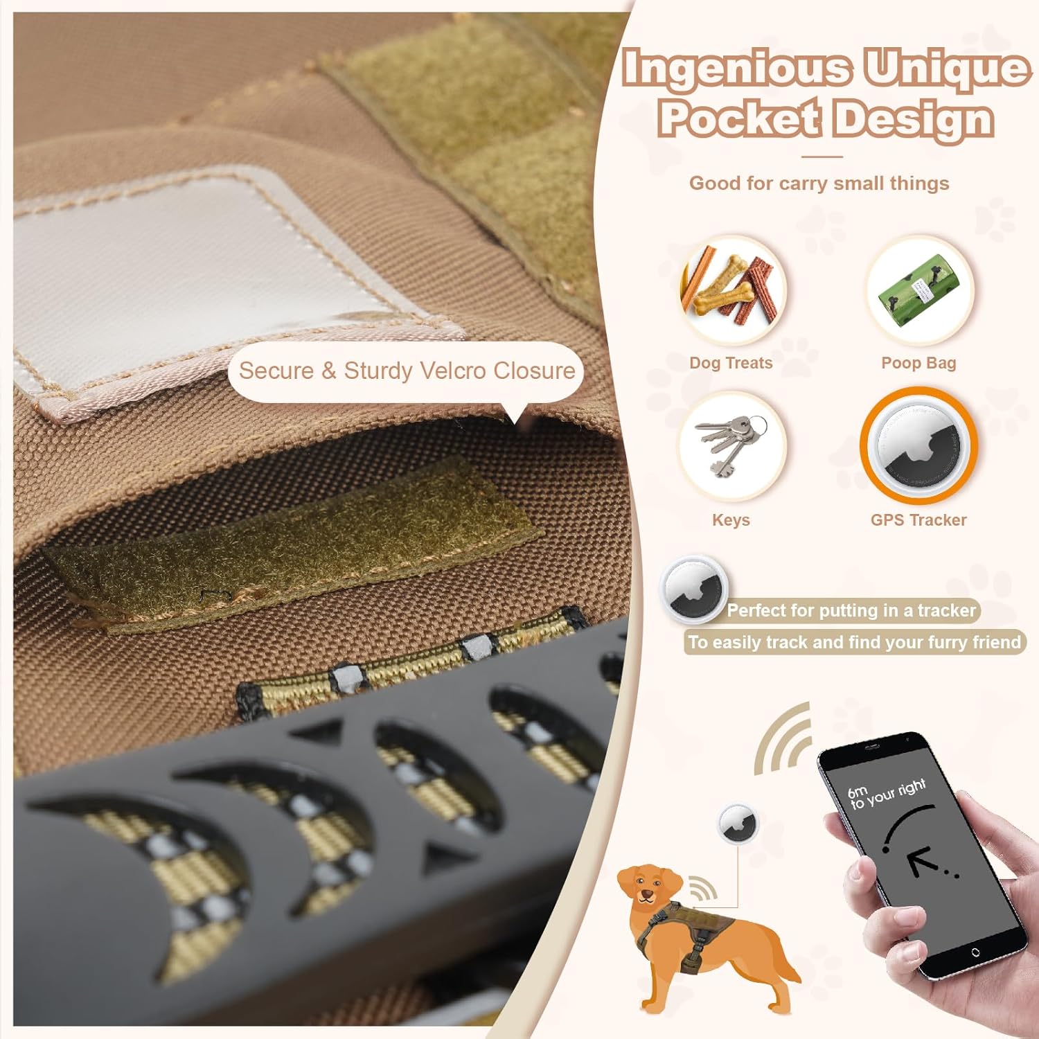 SANHSEHOME AirTag – Arnés táctico para perro con bolsillo rastreador GPS para perros grandes, arnés ajustable con asa reflectante militar para