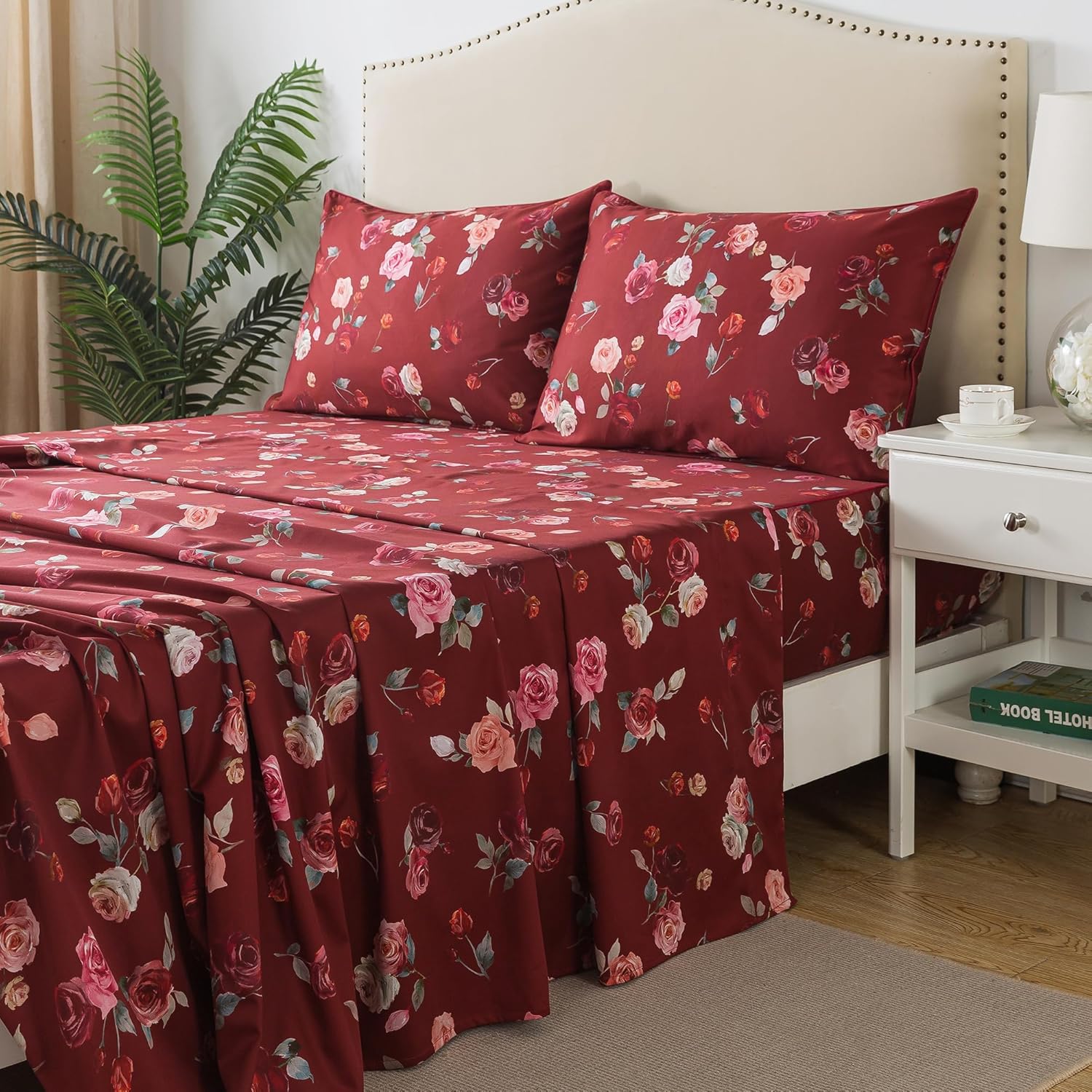 FADFAY Sábanas de rosas rojas, tamaño individual XL, ropa de cama vintage floral rosa elegante, ropa de cama de granja desgastada, 100% algodón