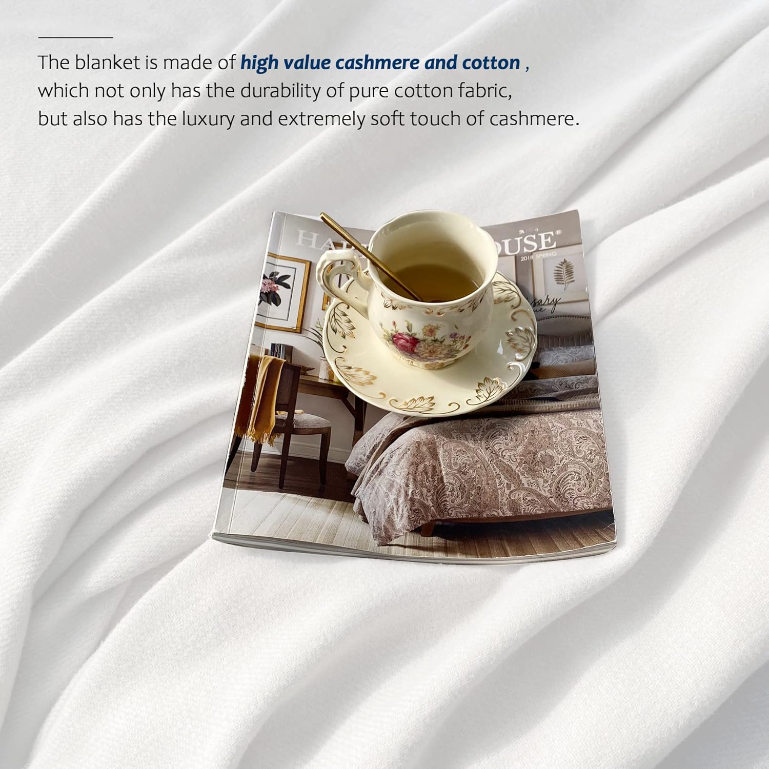 Style Quarters – Manta de cama de cachemira, tamaño individual, color blanco, 10% cachemira, 90% algodón, cálida, lujosa, acogedora, suave, cómoda,