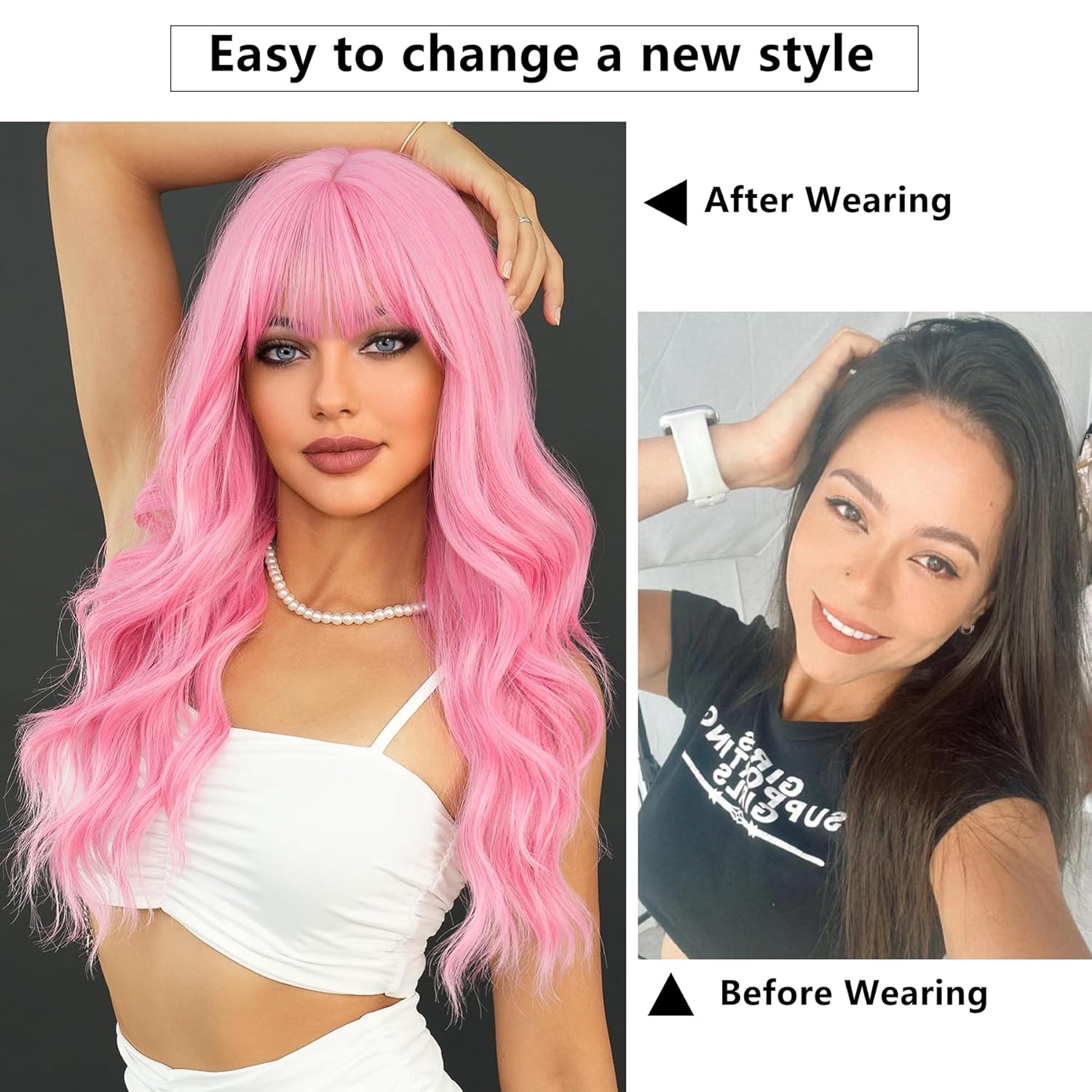 7JHH WIGS Peluca larga ondulada rosa de 24 pulgadas, fibra sintética resistente al calor, rizada, rosa claro, con flequillo, para mujeres y niñas,