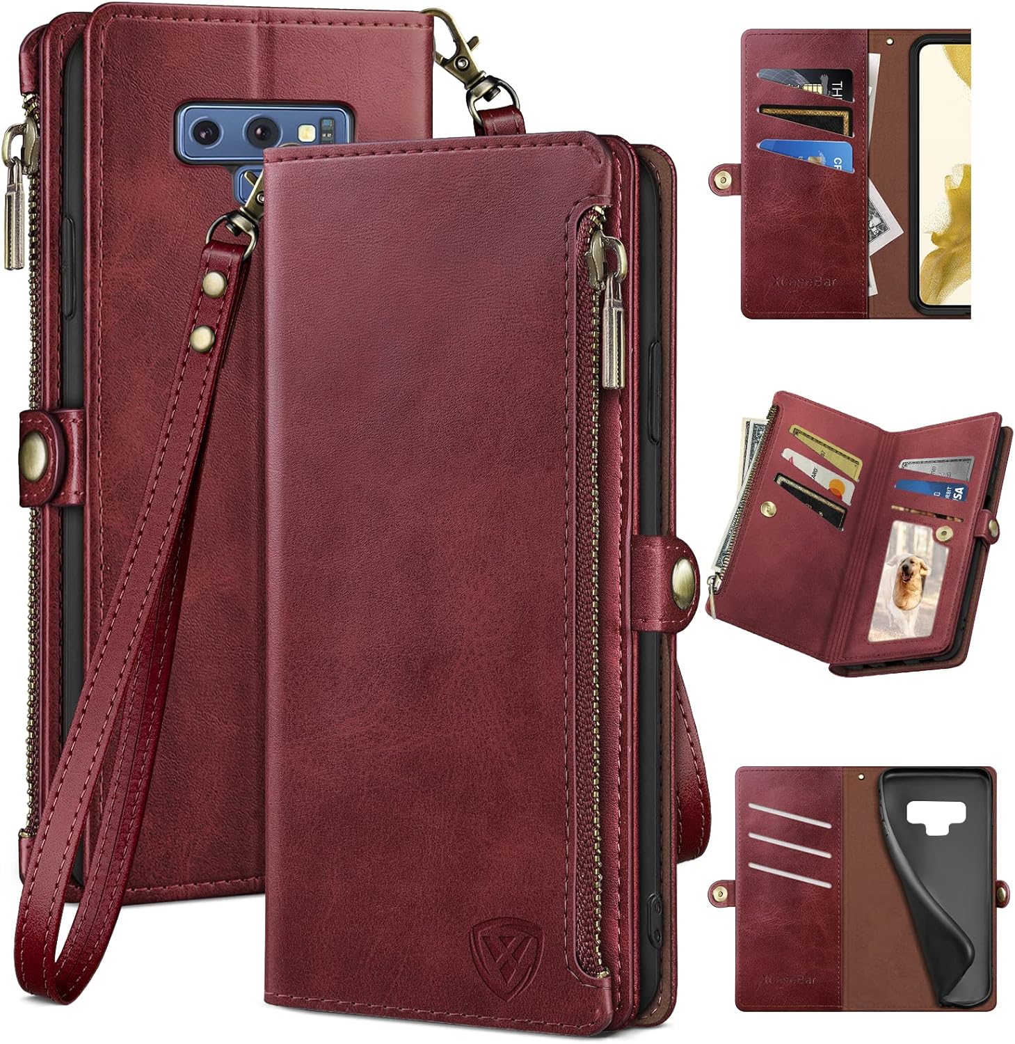 XcaseBar Funda tipo cartera para Samsung Galaxy Note 9 con cremallera Bloqueo RFID Titular de la tarjeta de crédito, Libro de folio con tapa PU