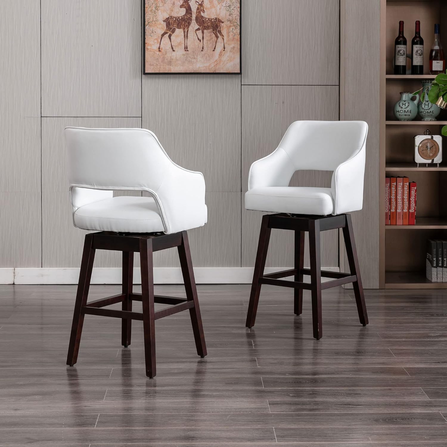 Taburete de bar de 28 pulgadas con respaldo para isla de cocina, taburetes giratorios tapizados de piel sintética, patas de madera, taburete