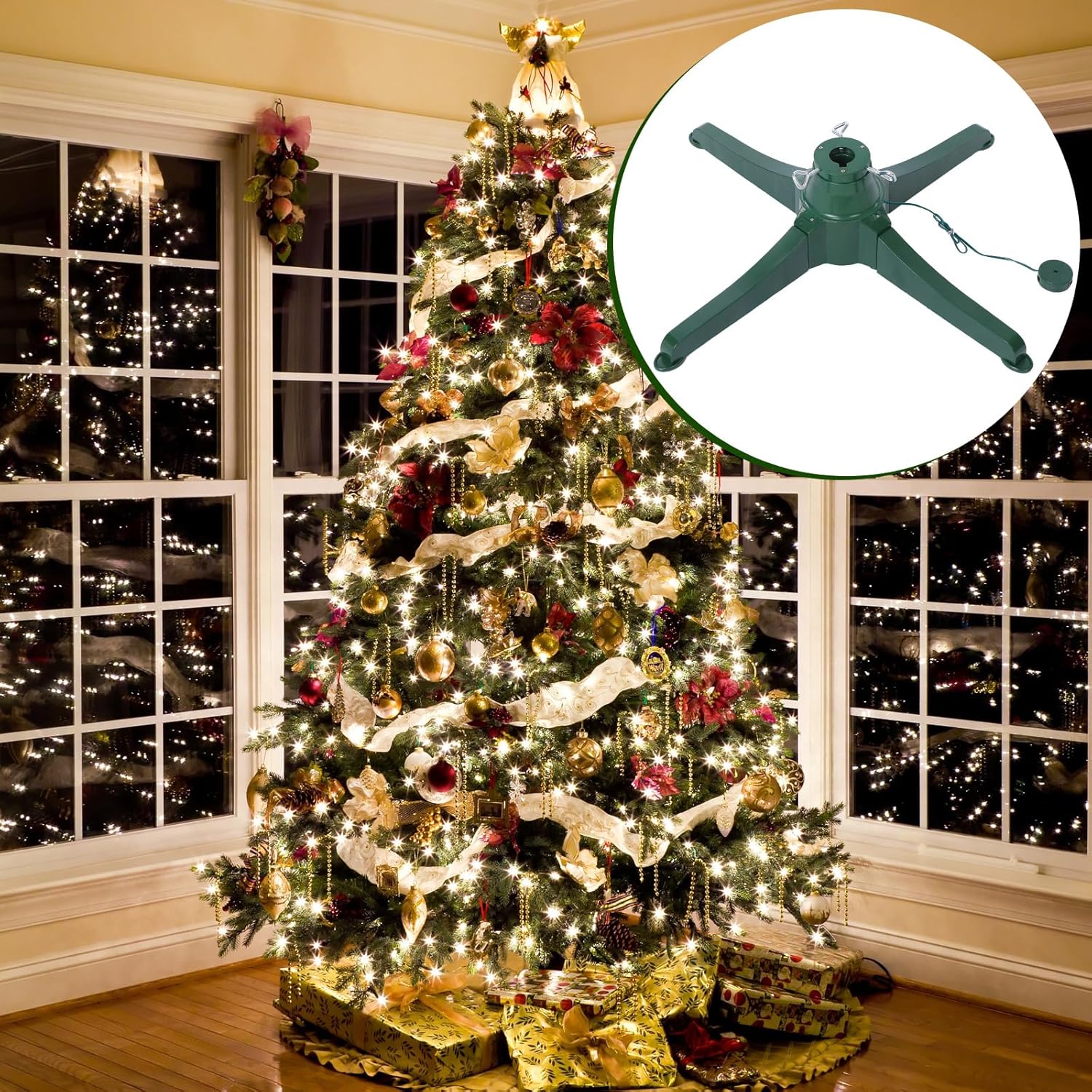 Xuhal Soporte giratorio para árbol de Navidad de 360 grados, soporte giratorio para árbol de Navidad, base de árbol de Navidad verde con adaptador